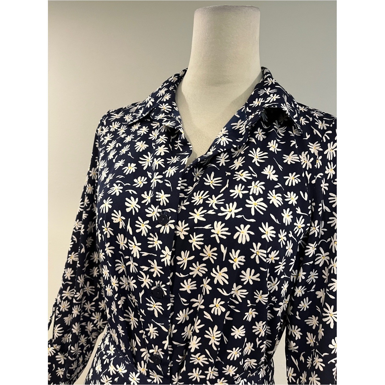 Navy and White Floral button down dress with belt