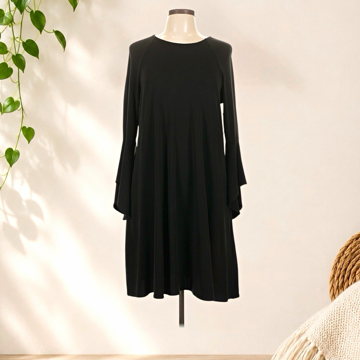 Karen Kane Black Dress Round Neck Bell Sleeve Stretch Knee Length Size L