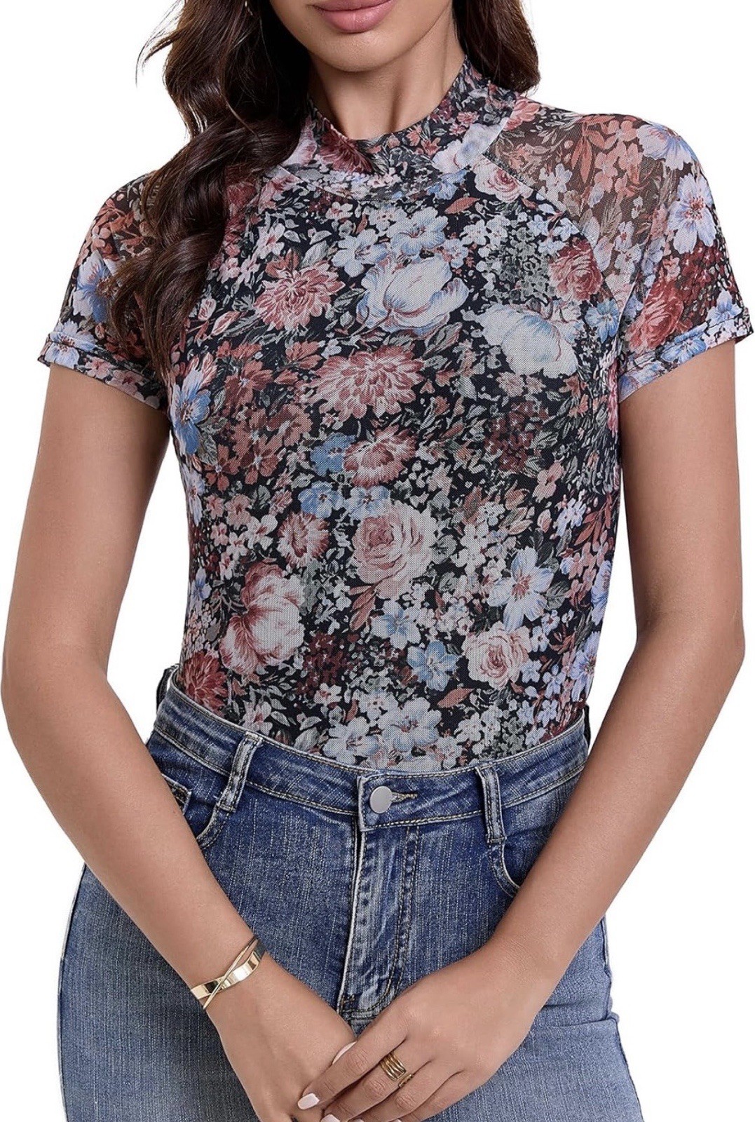 SKYZOO Sheer Black Floral Mesh Mock Neck Top Lettuce Edge Medium NWT