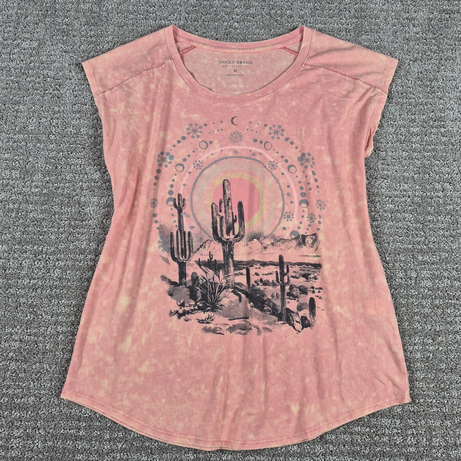 Lucky Brand Top Womens M Pink Acid Wash Desert Cactus Celestial Tee Shirt