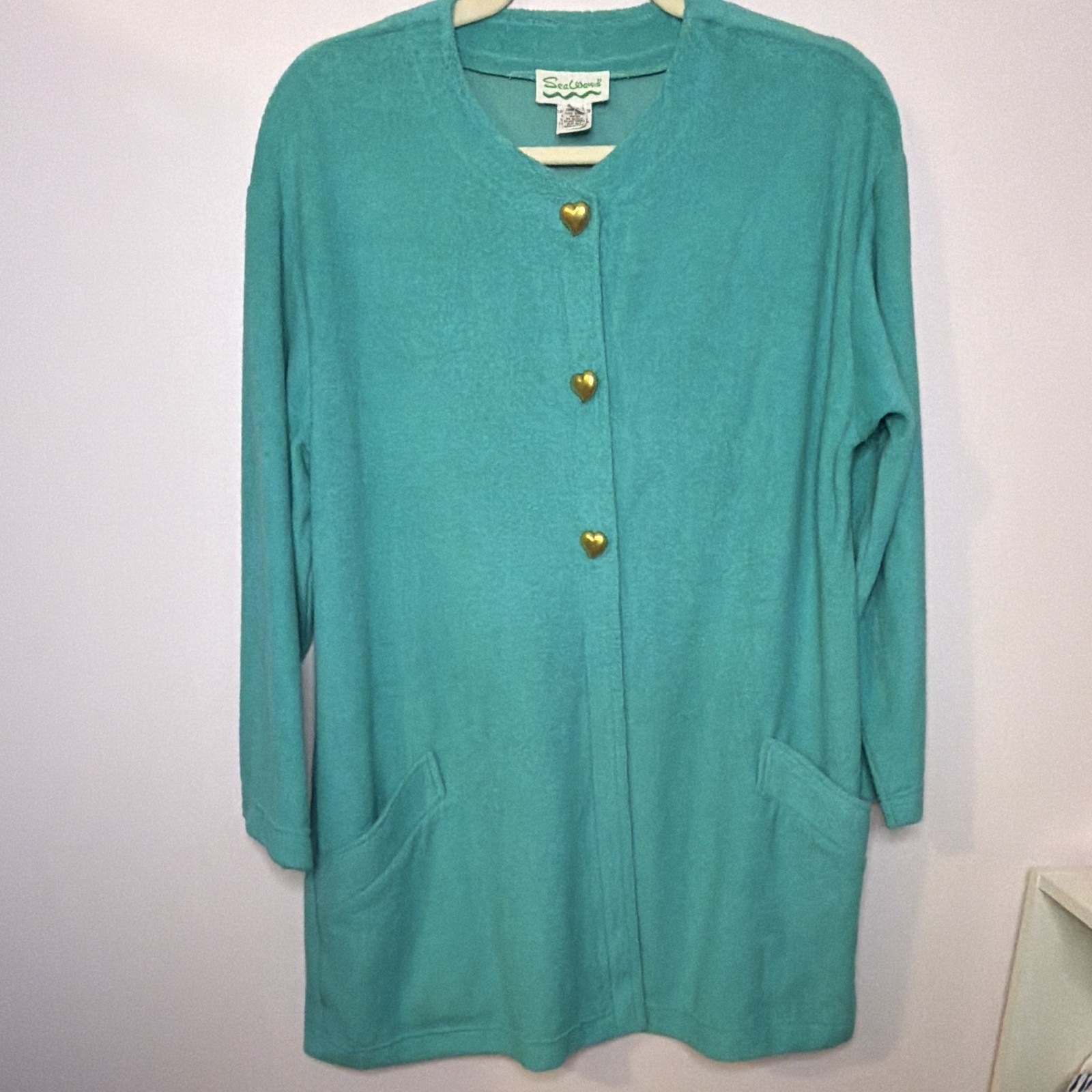 Vintage Sea Waves Turquoise Solid swim cover up gold Heart Buttons Small