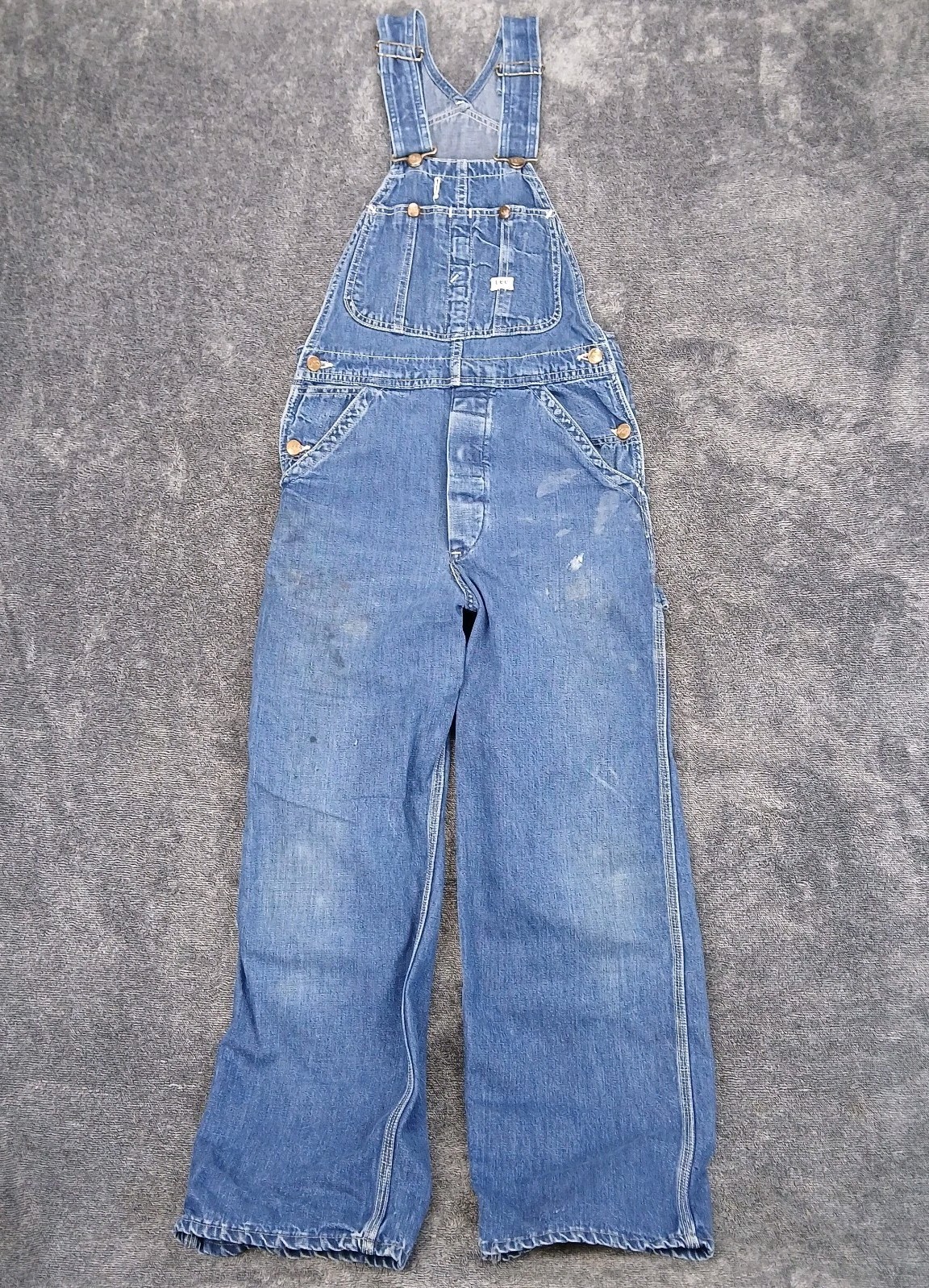 Vtg Lee Sanforized Jelt Denim Overalls 30×28 Donut Button Fly 50s 60s Stains