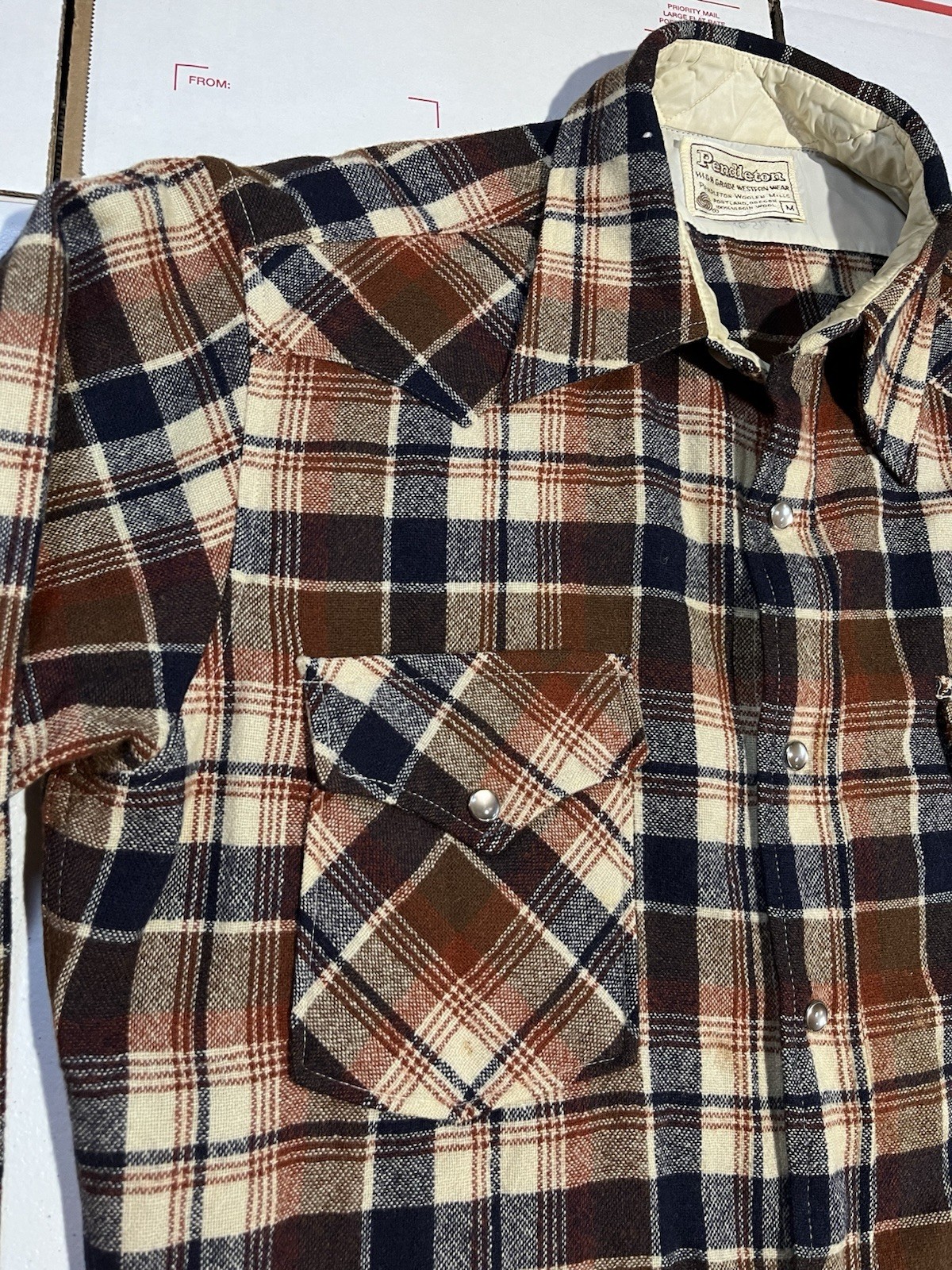 vtg Pendleton Wool Pearl Snap Plaid Western Shirt Mens M Brown Blue Tan Flannel