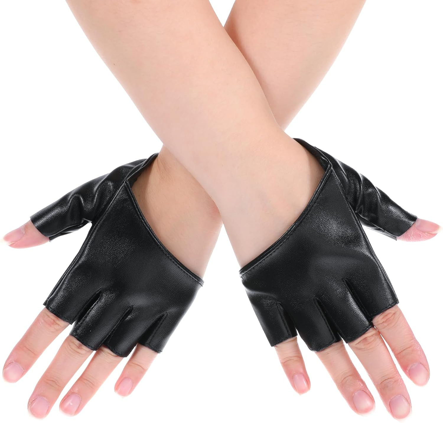 Black Leather Fingerless Gloves Half Palm Half Finger PU Leather Gloves for Wome