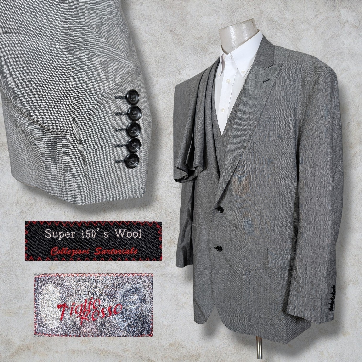 Tiglio Rosso 3 Piece Suit Mens 56L Pants 50×34 Gray 150s Wool Vest