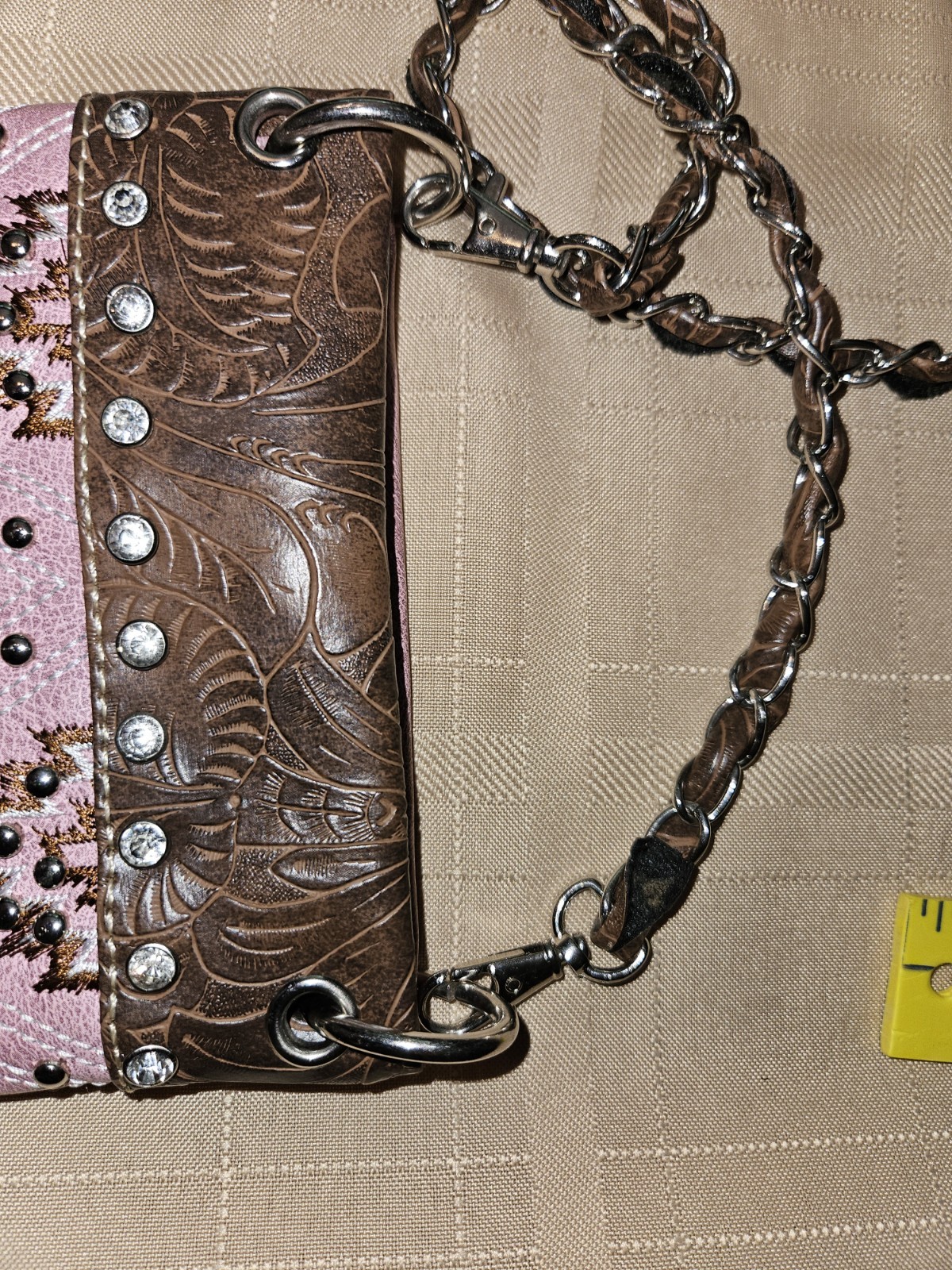 Women’s Pink Embroidered Studded Crossbody Bag Chain Strap Snap
