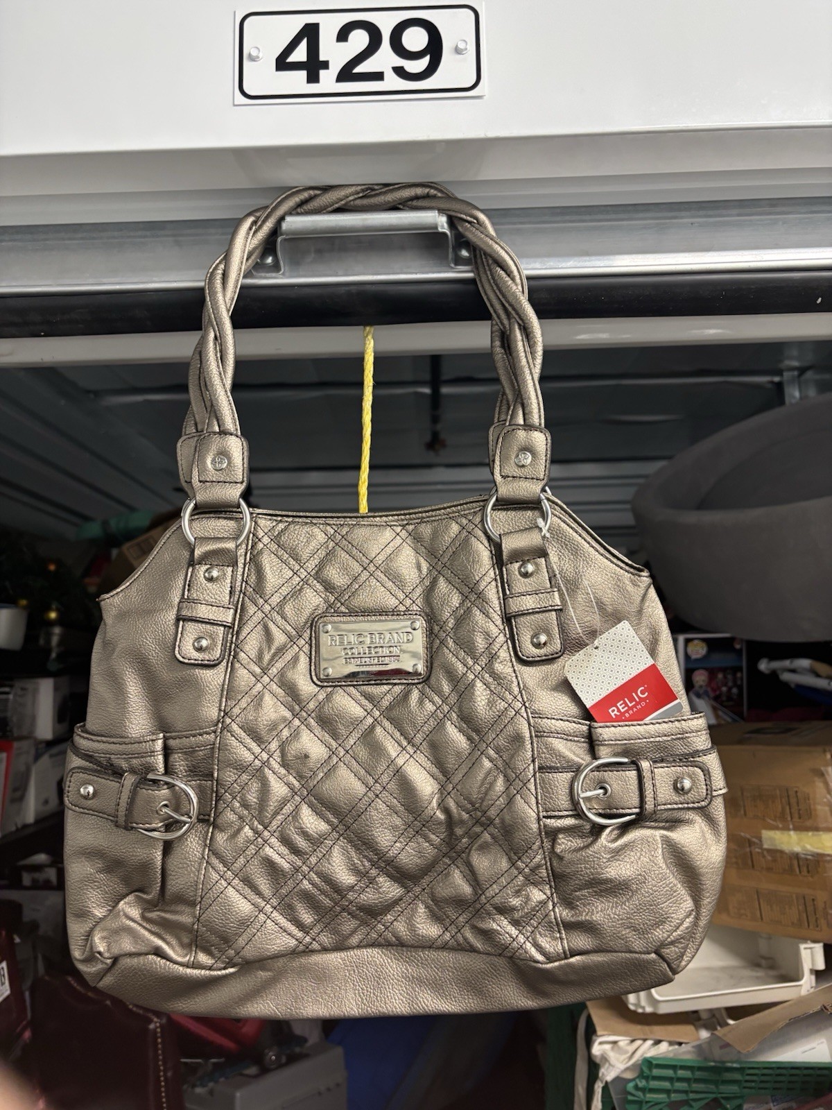 Relic Metallic Gray Quilted Satchel Top Handle Silver Hardware Zip, Magnetic