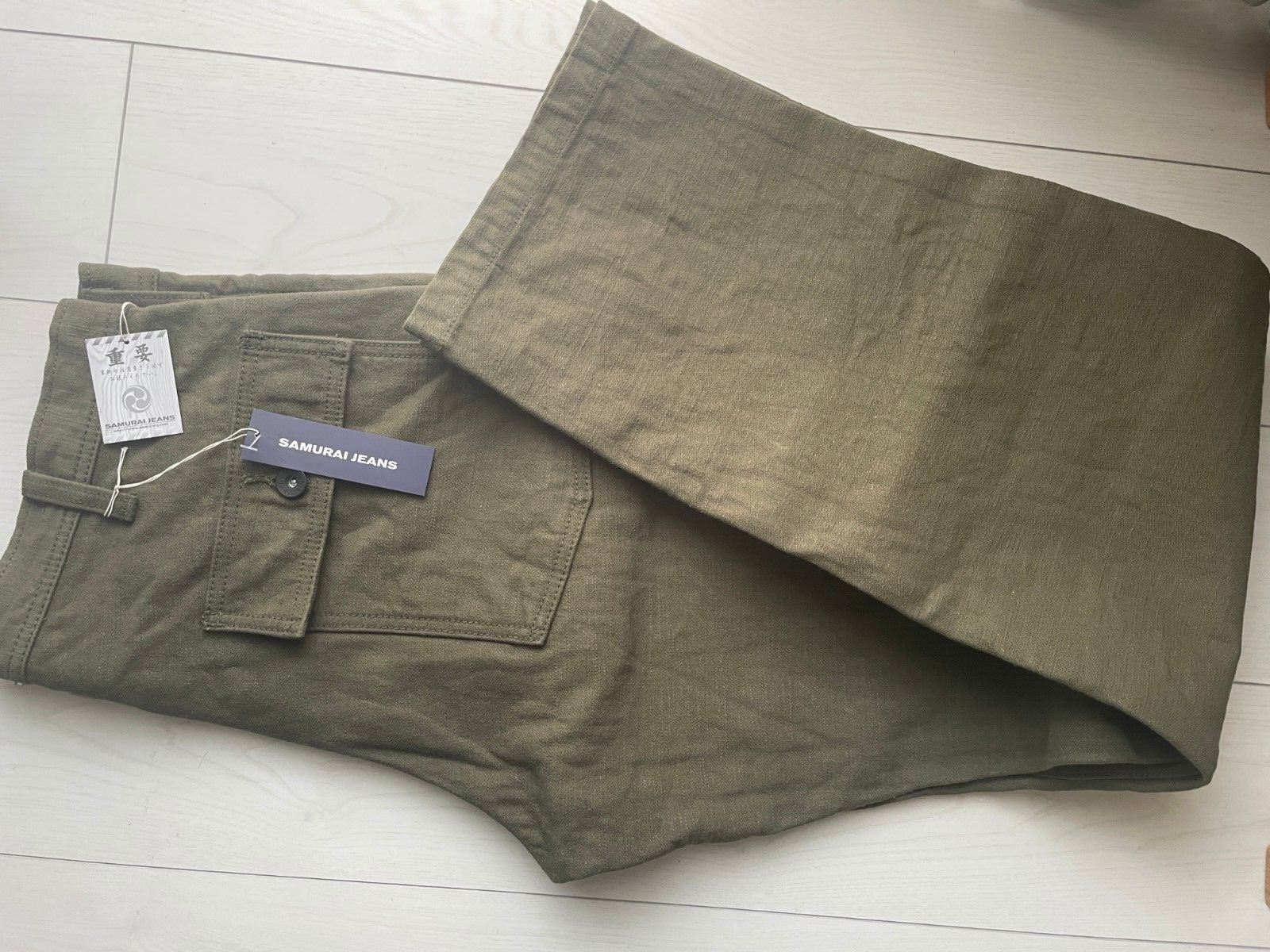 SAMURAI JEANS SJ52BP 15oz HEAVY BACK SATIN BAKER PANTS Olive One-washed
