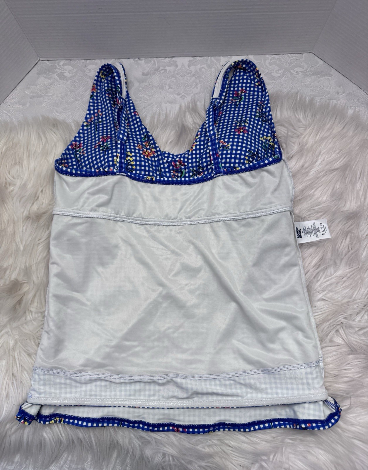 Lands’ End 10 Blue Floral Gingham Tankini Swimsuit Top Deep Plunge V Neck Modest
