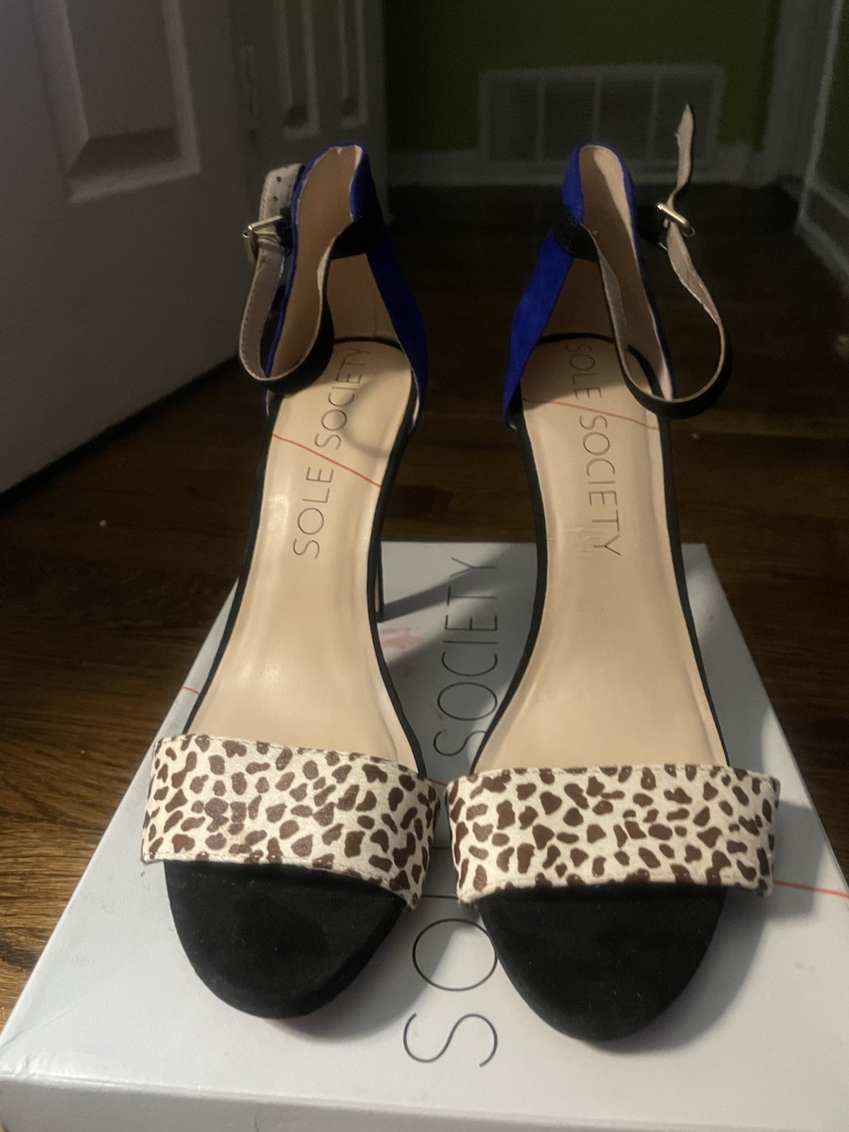 Sole Society Royal Blue Suede & Leopard-Print Ankle-Strap Heels Sz: 10