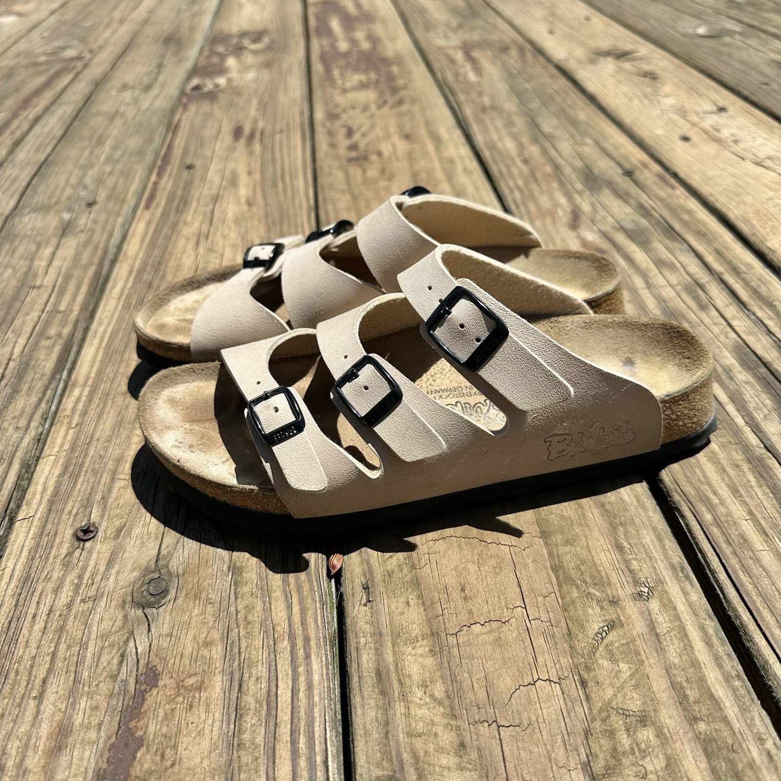 Birkenstock Florida 3-Strap Tan Beige Sandals Womens Size 6 EU 37 Good Tread