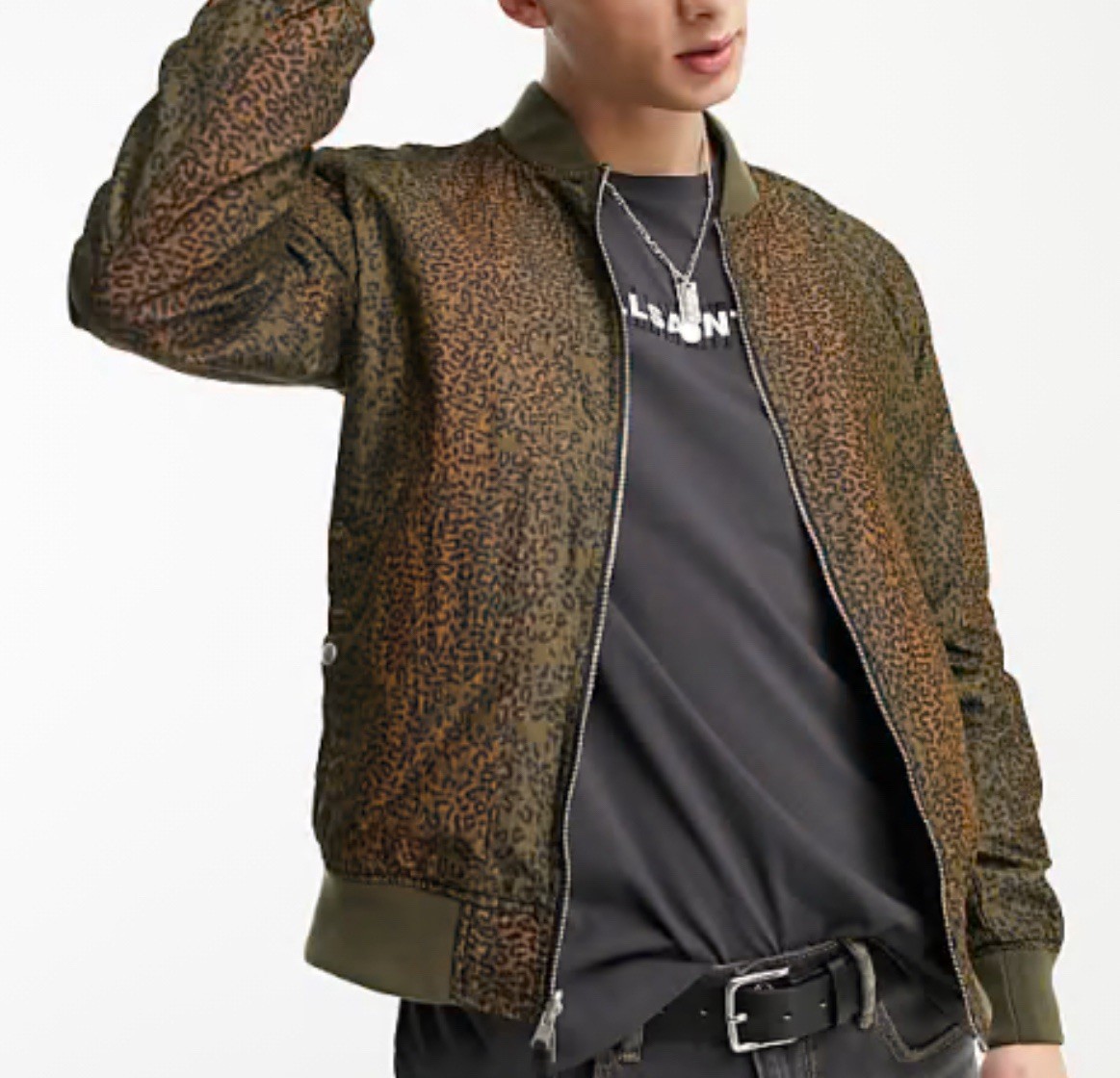 AllSaints Bassett Reversible Bomber Jacket Leopard Print Full Zip Pockets EUC