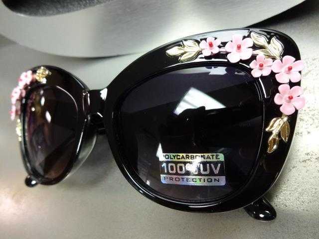 VINTAGE RETRO CAT EYE Style SUN GLASSES Black Frame Unique Floral Flower Design