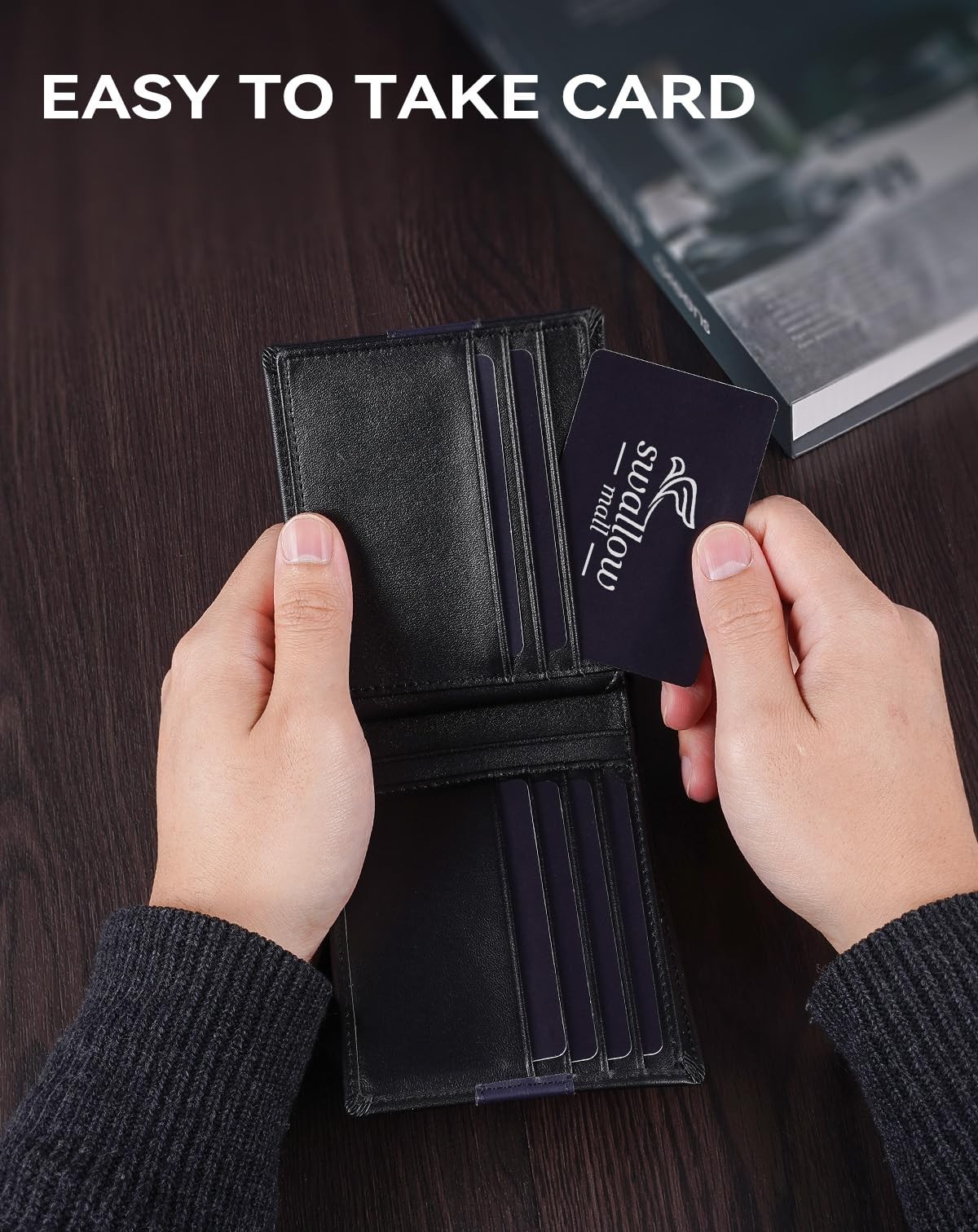Swallowmall Genuine Leather RFID Wallet for Mens, Mens Bifold 418-Black