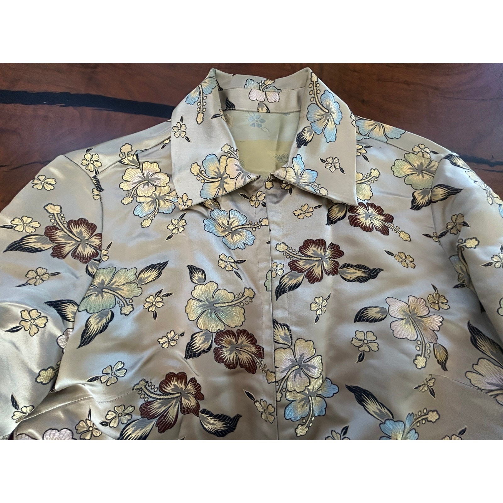 Mag by Magaschoni Tailored Satin Jacquard Brocade Hibiscus Shirt 4 S