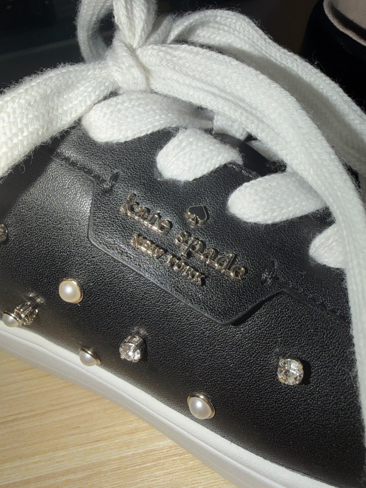 Kate Spade Selena Pearl Rhinestone Lace Up Sneakers Black Leather Women’s 9.5