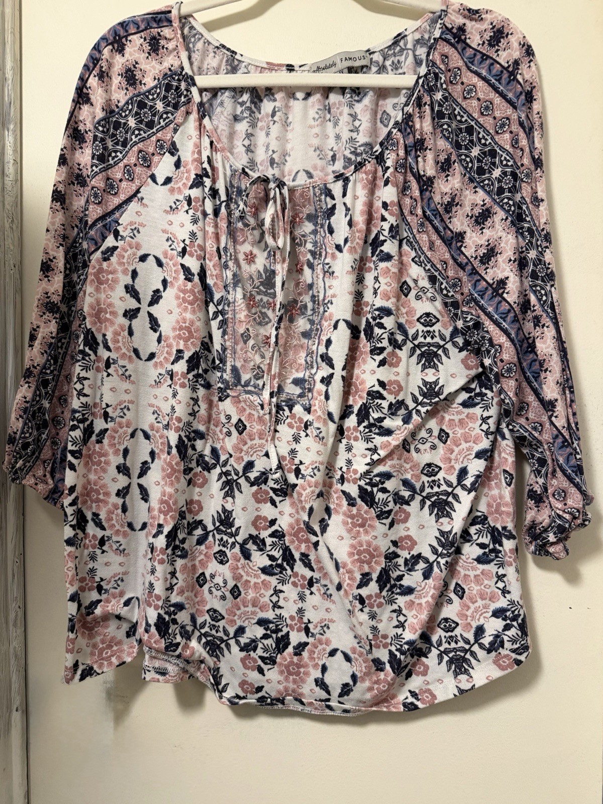 Absolutely Famous Women’s Plus 1X Floral Tie Neck 3/4 Sleeve Blouse Pink