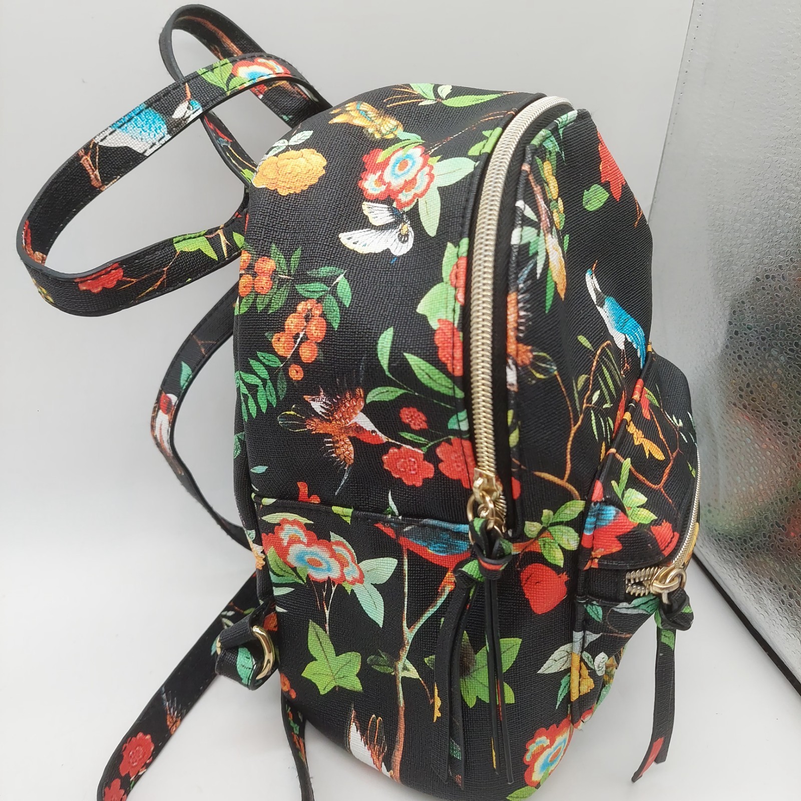 Womens Backpack Black Floral Birds Blue Birds Hummingbird Small 12″