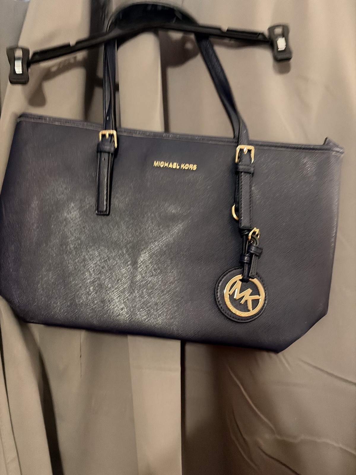 Michael Kors Black Solid Tote Zip Bag Double Handles Gold Hardware Charm Logo