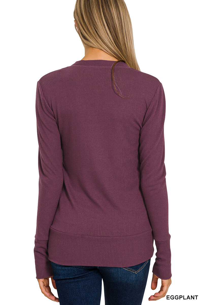 Snap Button Front V Neck Long Sleeve Sweater Cardigan Ribbed Details HW-2039