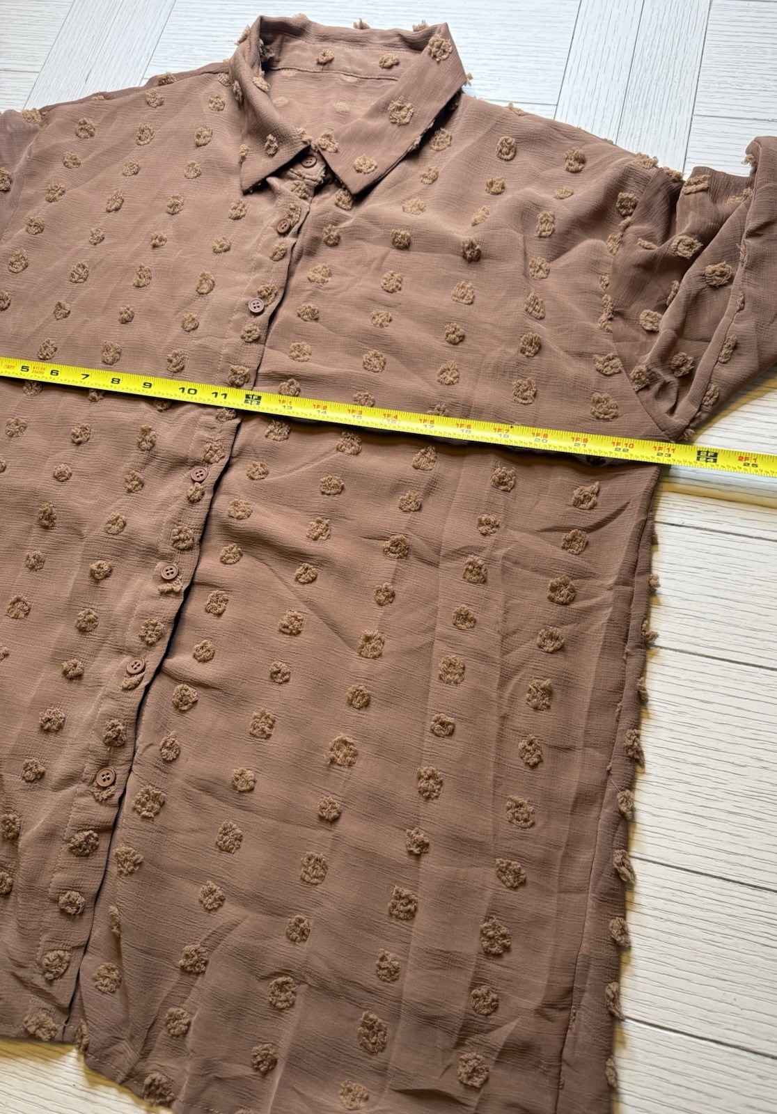 Brown Semi Sheer Swiss Dot Long Sleeve Button Up Boho Poly Collared Blouse Sz XL