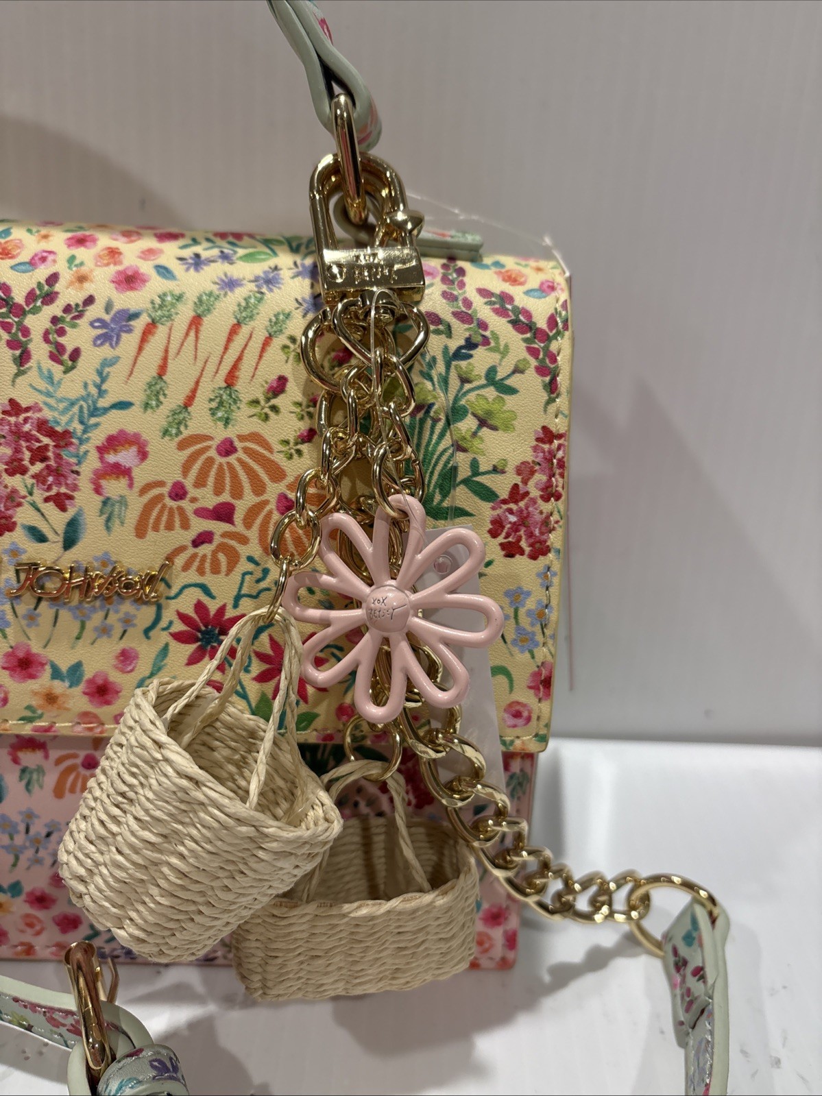 Betsey Johnson Spring Floral Yellow Bag Purse Crossbody Top Handle Basket charm