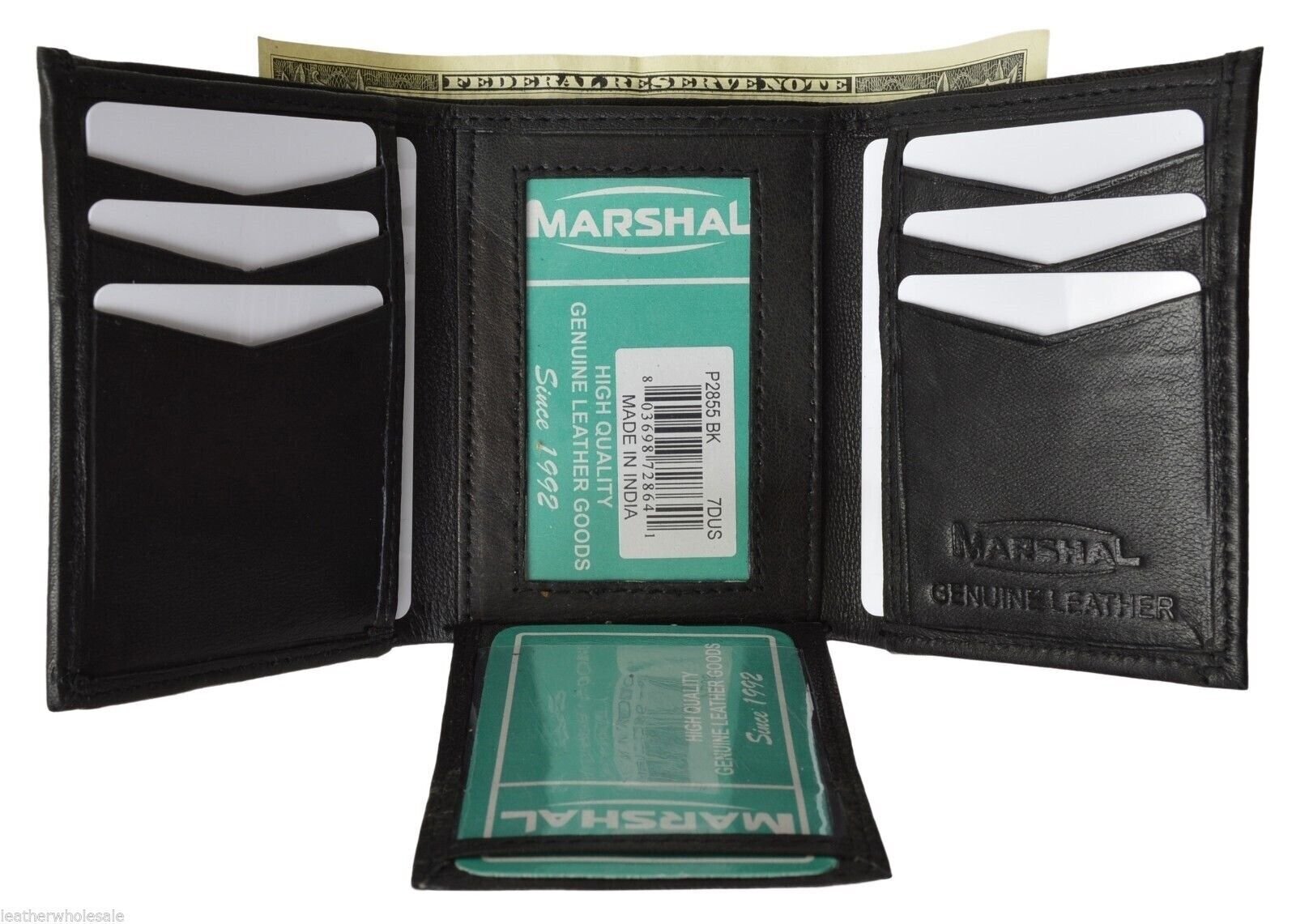 MARSHAL MEN’S GENUINE LEATHER 2 PHOTO HOLDER CREDIT CARD BLACK TRIFOLD WALLET