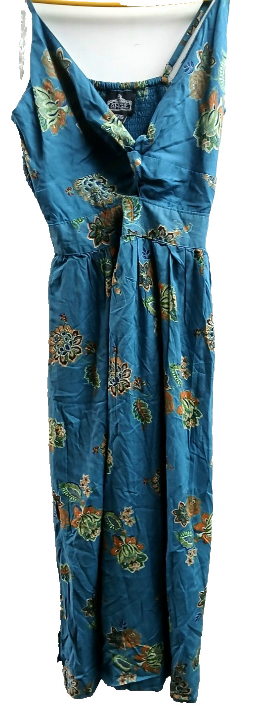 ANGIE Twist Front Keyhole Med Maxi Dress Blue Green Floral Smocked Back LARGE