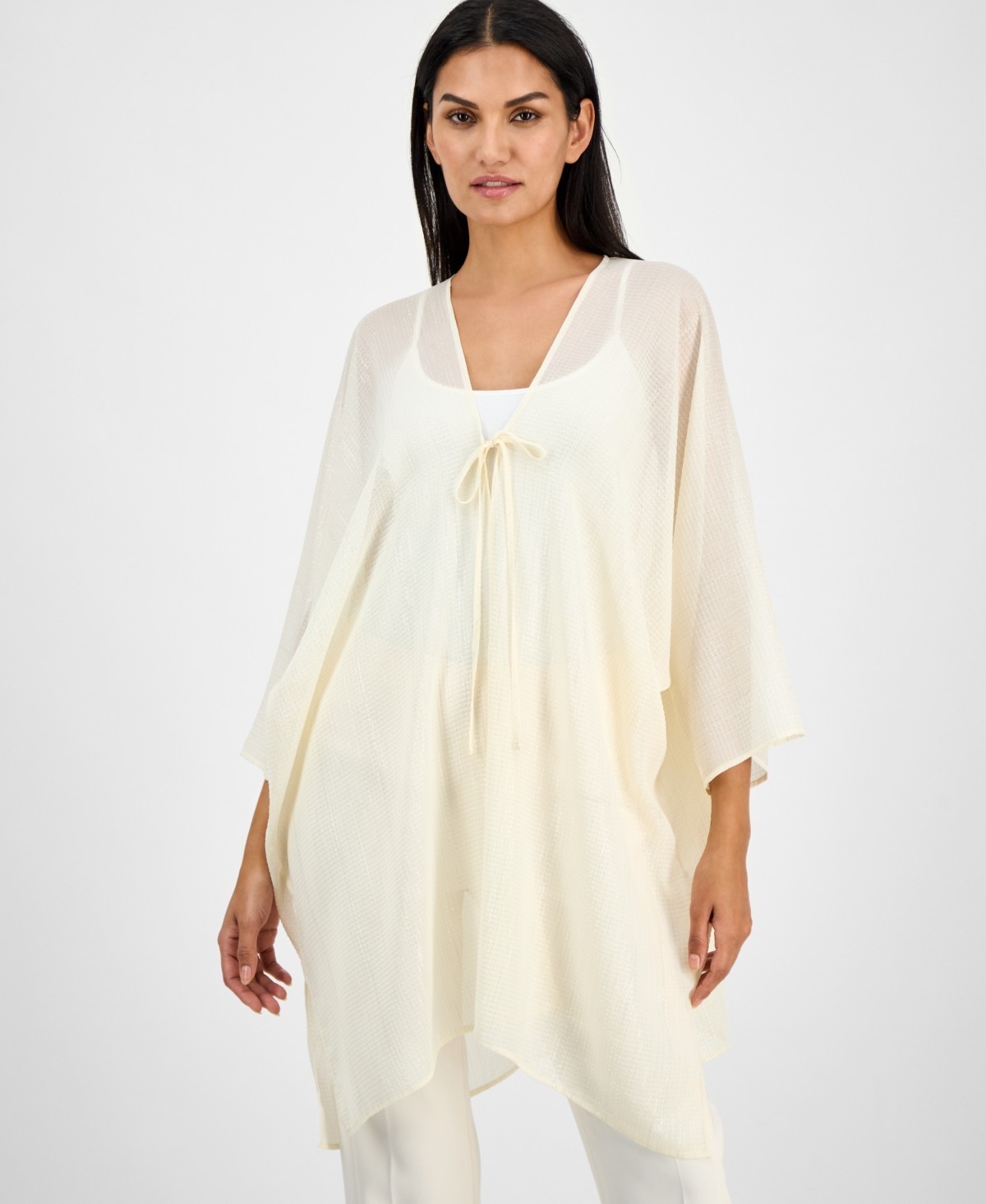 Anne Klein Tie-Front Kimono Top Women’s 1SZ It Dune Quarter Sleeves V-Neck