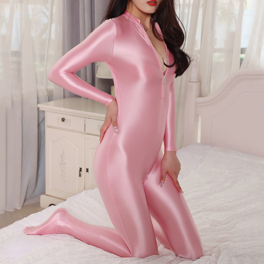Women Shiny Glossy Satin Catsuit Lingerie Wetlook Bodysuit 2-Way Zipper Jumpsuit