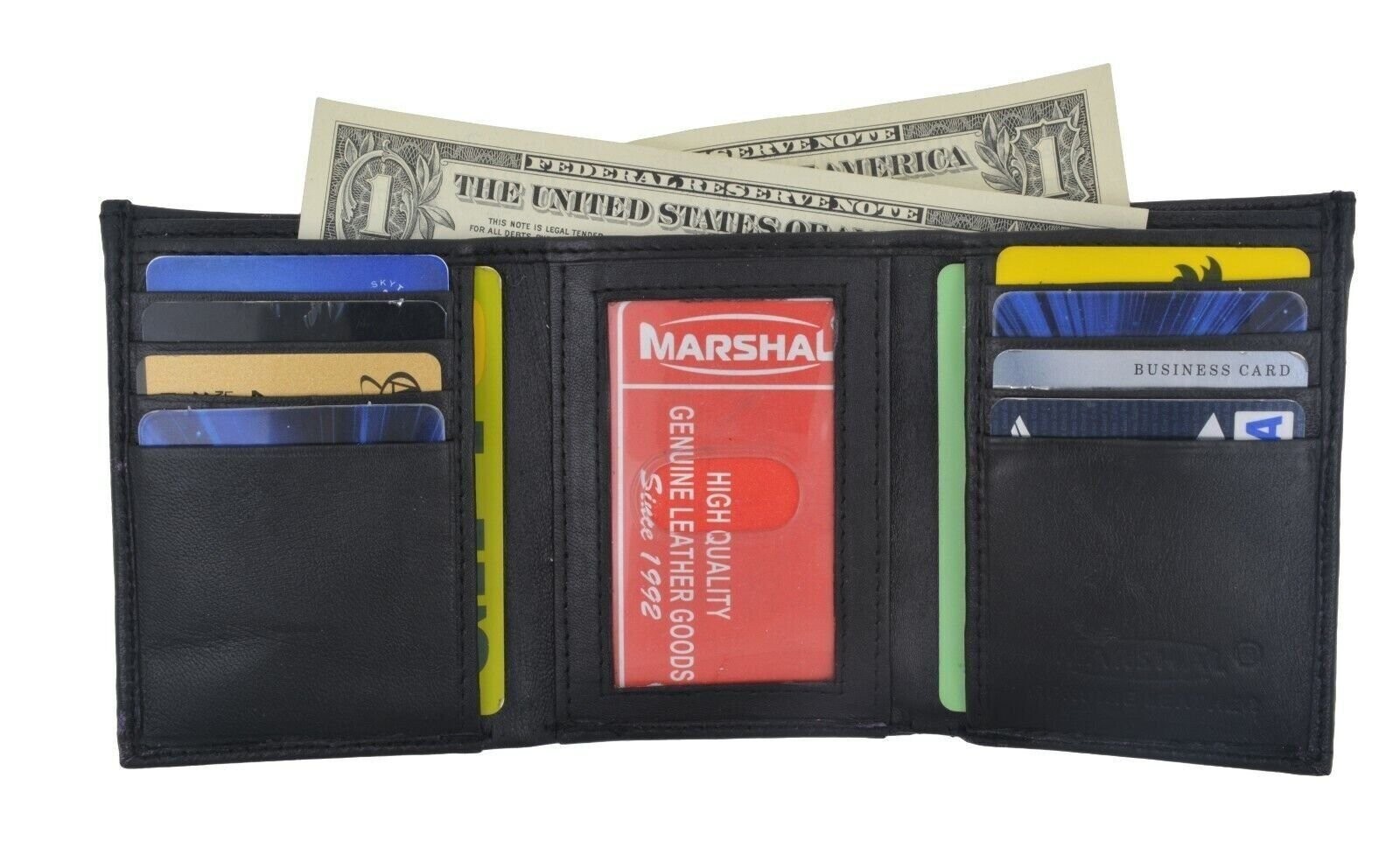 Men’s Genuine Leather Trifold Wallet Black 8 Credit Card slots ID window