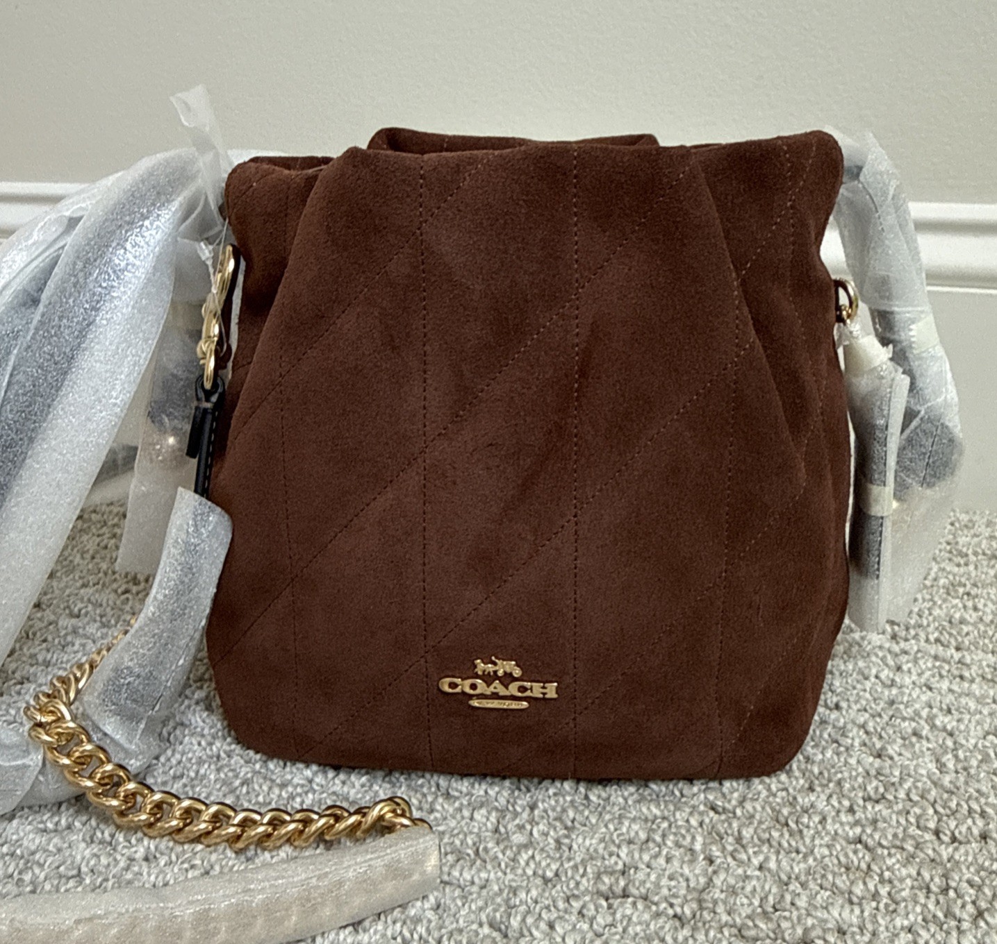 🤎 NWT COACH Faye Mini Drawstring Bag With Quilting Suede & Leather CDC42 Brown