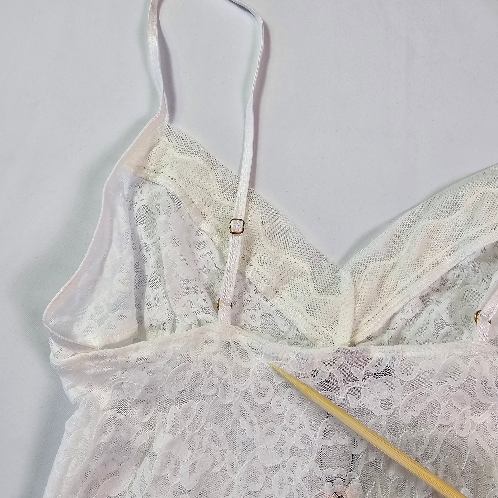 Victoria’s Secret Slip Dress Medium White Lace Sheer Mesh Chemise STAIN