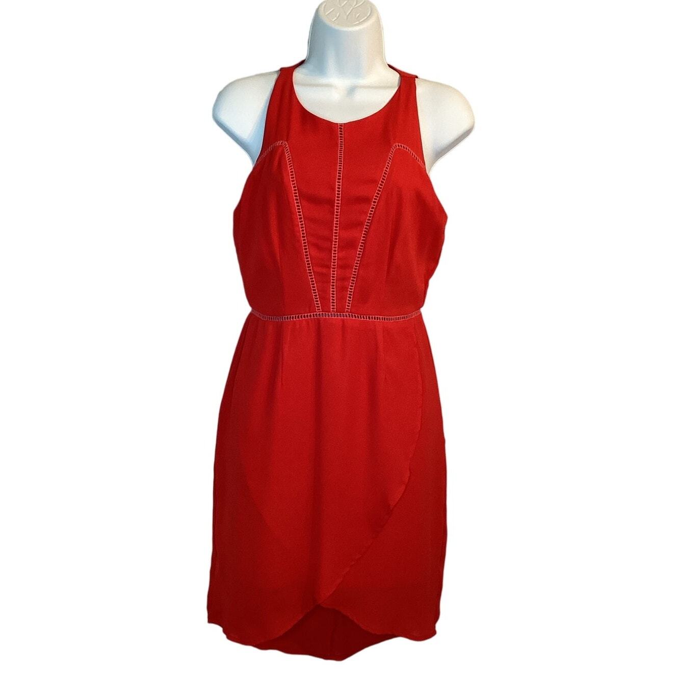 Sienna Sky High Low Sleeveless Crochet Asymmetrical Tulip Mini Dress Red S