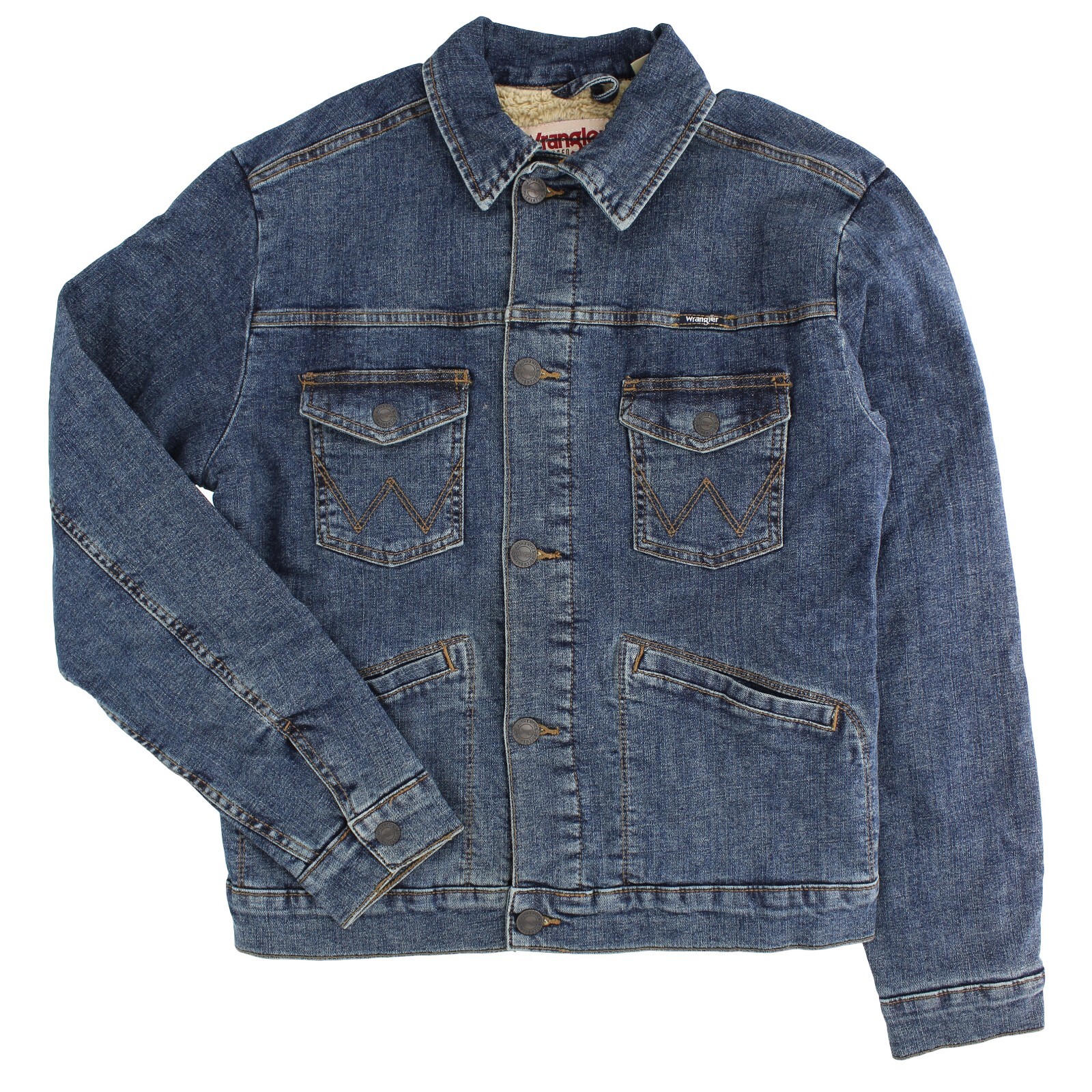 Wrangler Rugged Wear Men’s Jacket Denim Button Front, Sherpa Interior, Snap Cuff