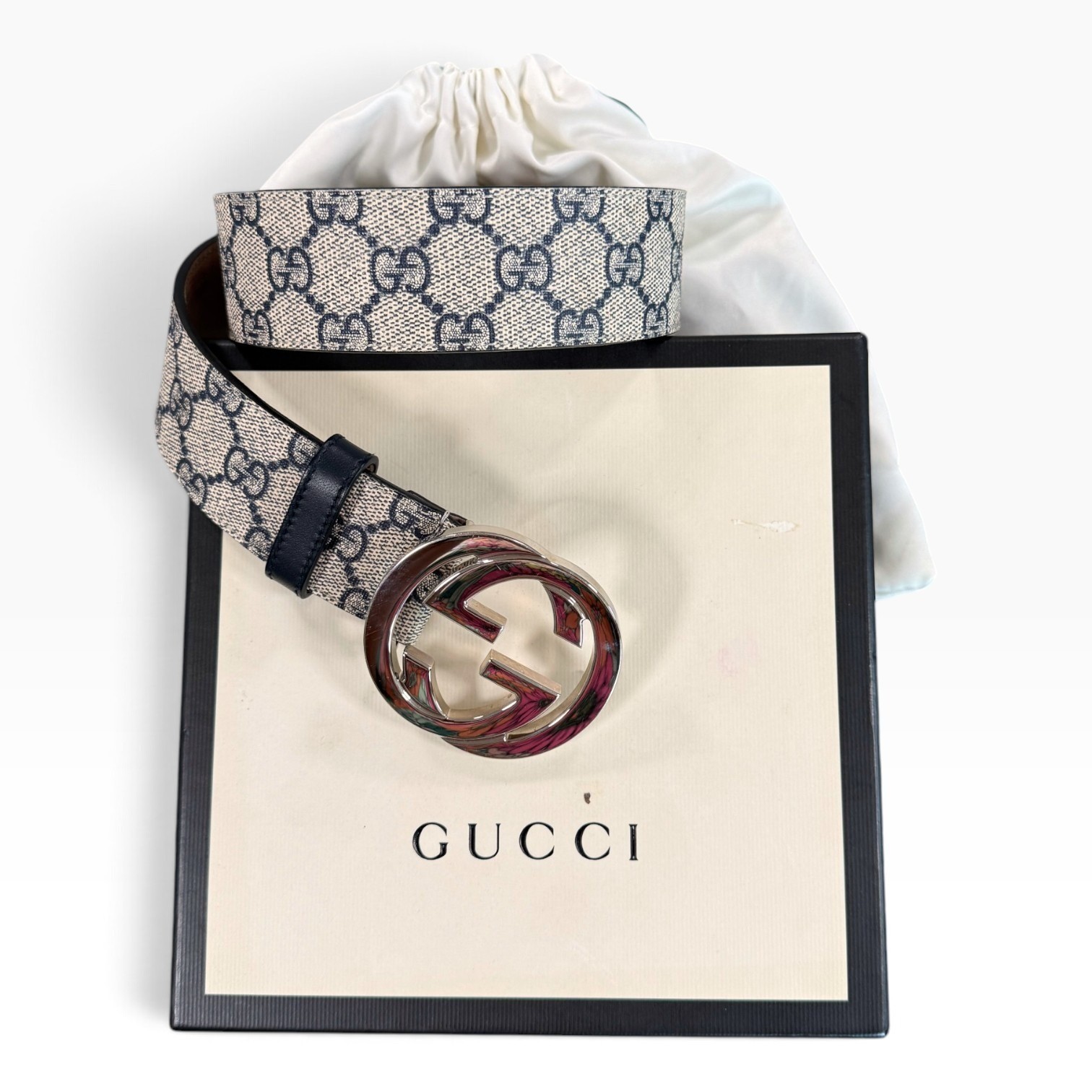 GUCCI GG Supreme Belt Interlocking G Buckle Mens Beige Ebony 90-36 Authentic
