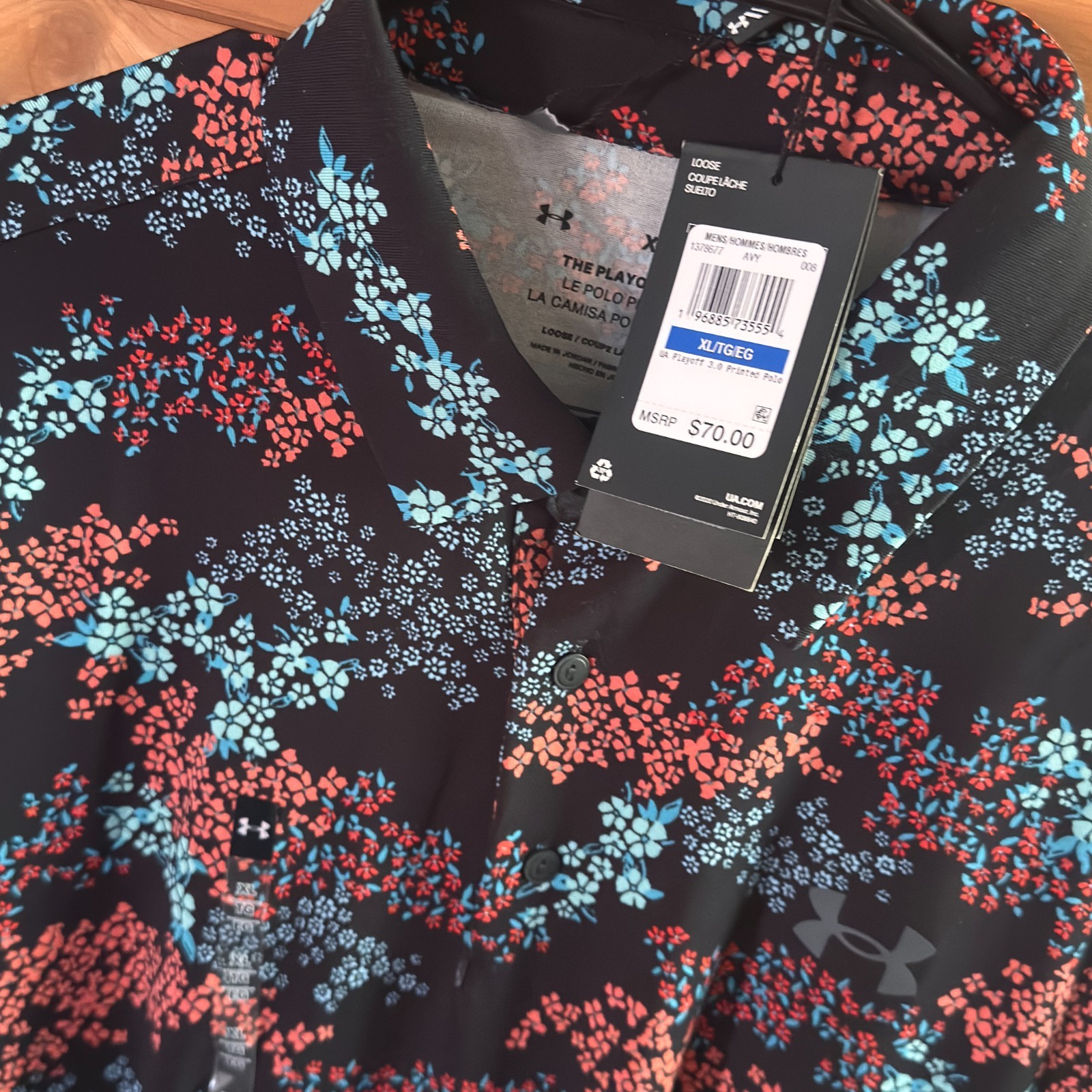NWT Under Armour Playoff Polo Shirt Mens XL Floral Leaf Golf Black Blue Coral