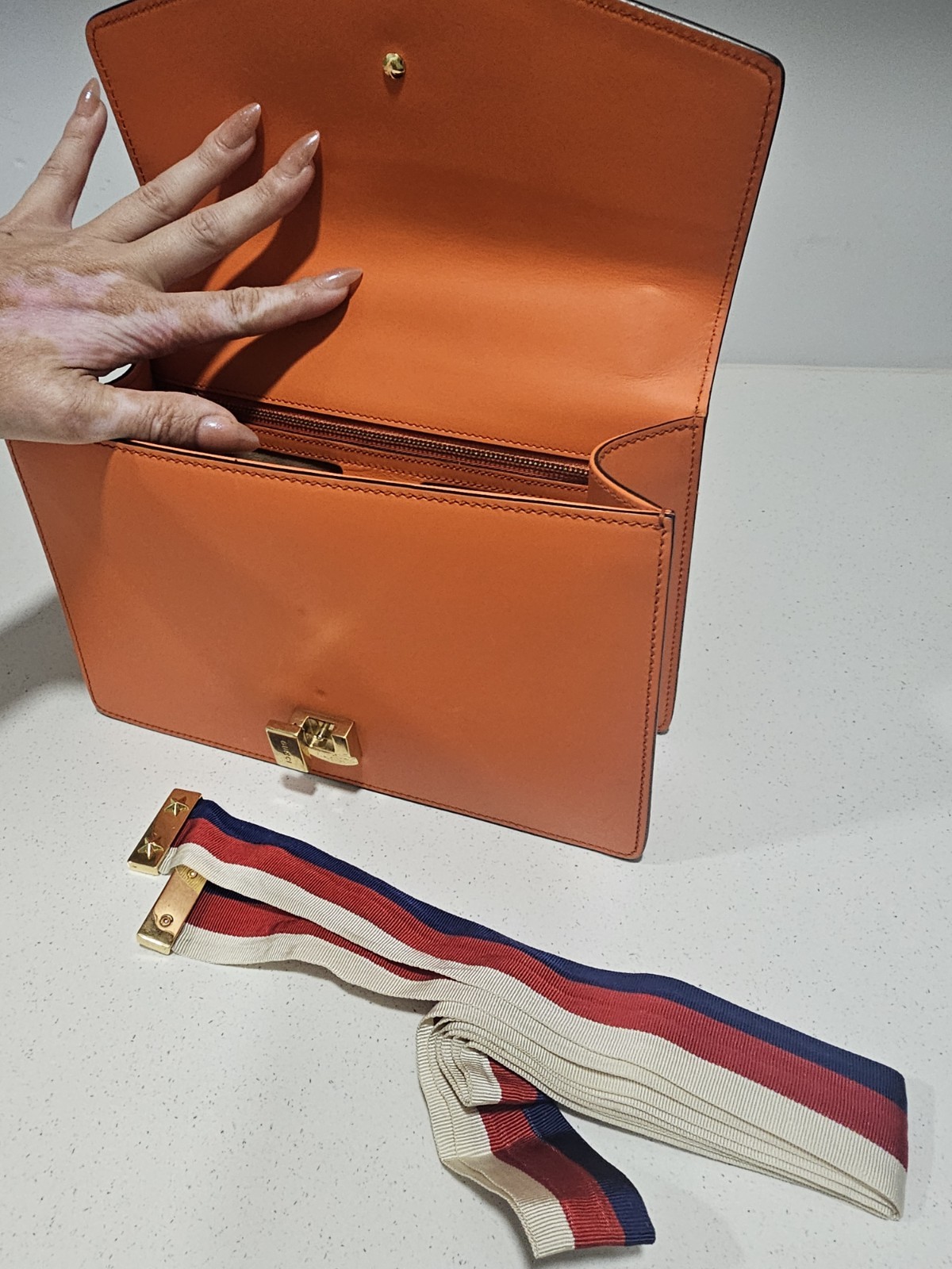 Gucci Women’s Orange Striped Shoulder Bag, Gold Chain Lock, Detachable Strap