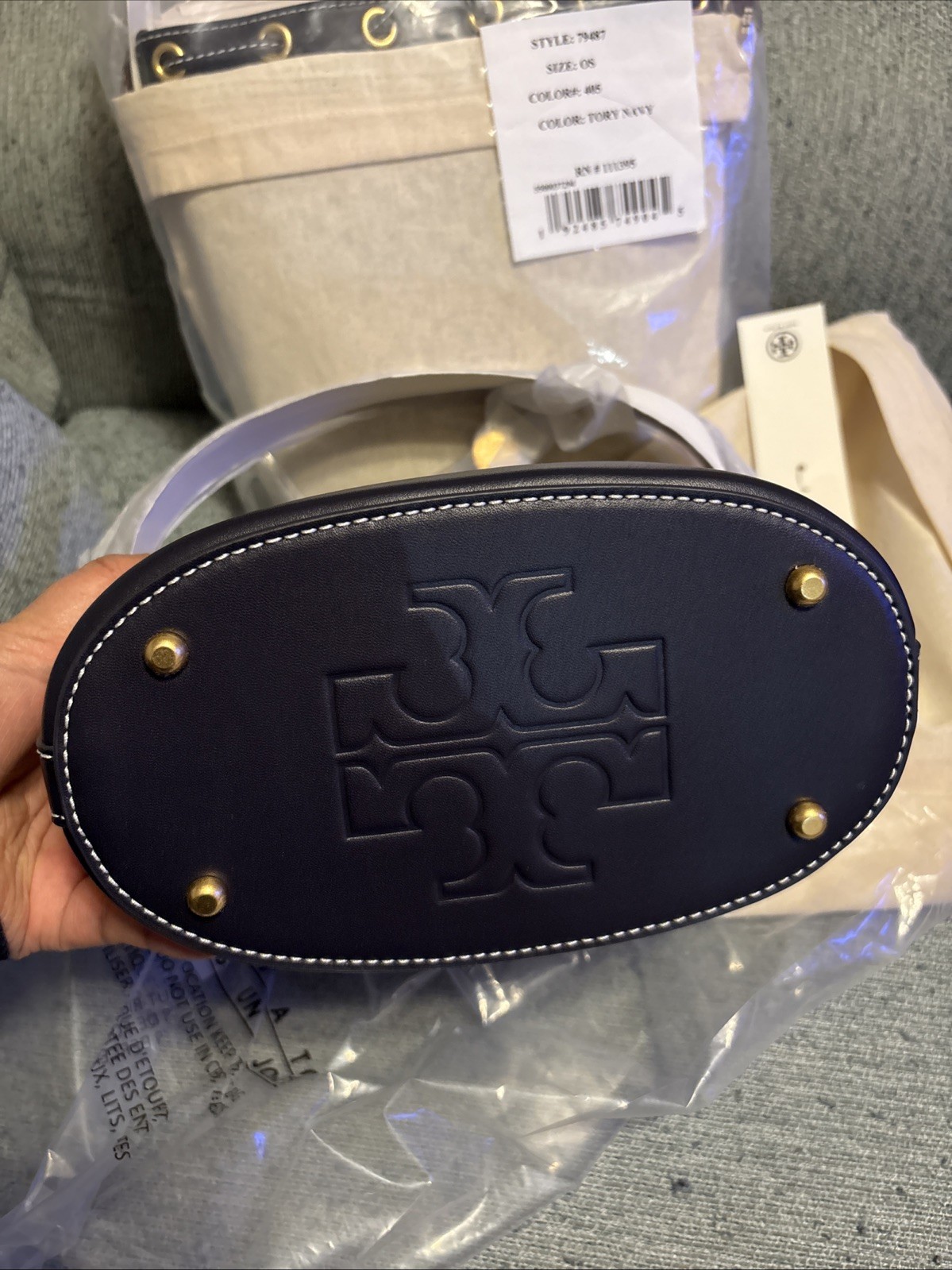 NWT Tory Burch T Monogram Jacquard Bucket Bag – Navy Blue Medium retail for $468
