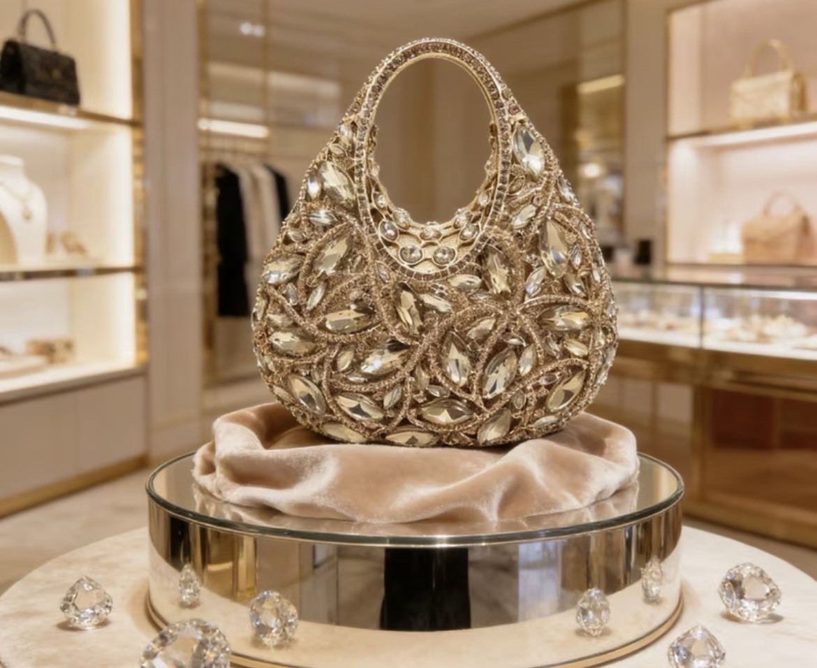 Women’s Gold Crystal Rhinestone Beaded Floral Oval Clutch Top Handle, Clasp