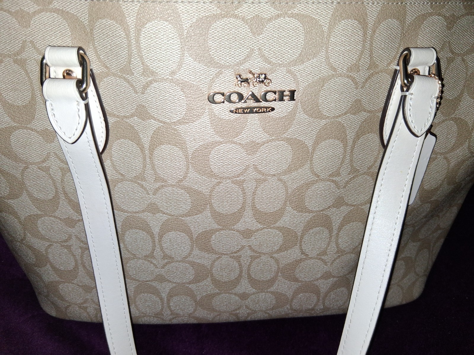 Coach CH504 Cream, Tan Canvas and Leather Signature Gallery Tote Bag Purse