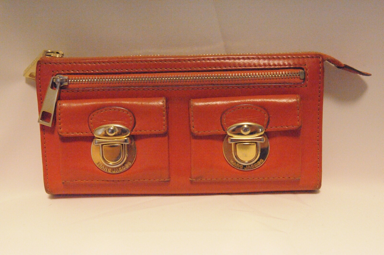 Marc Jacobs Orange Leather Wallet Clutch Zip Push Lock Gold Tone Hardware