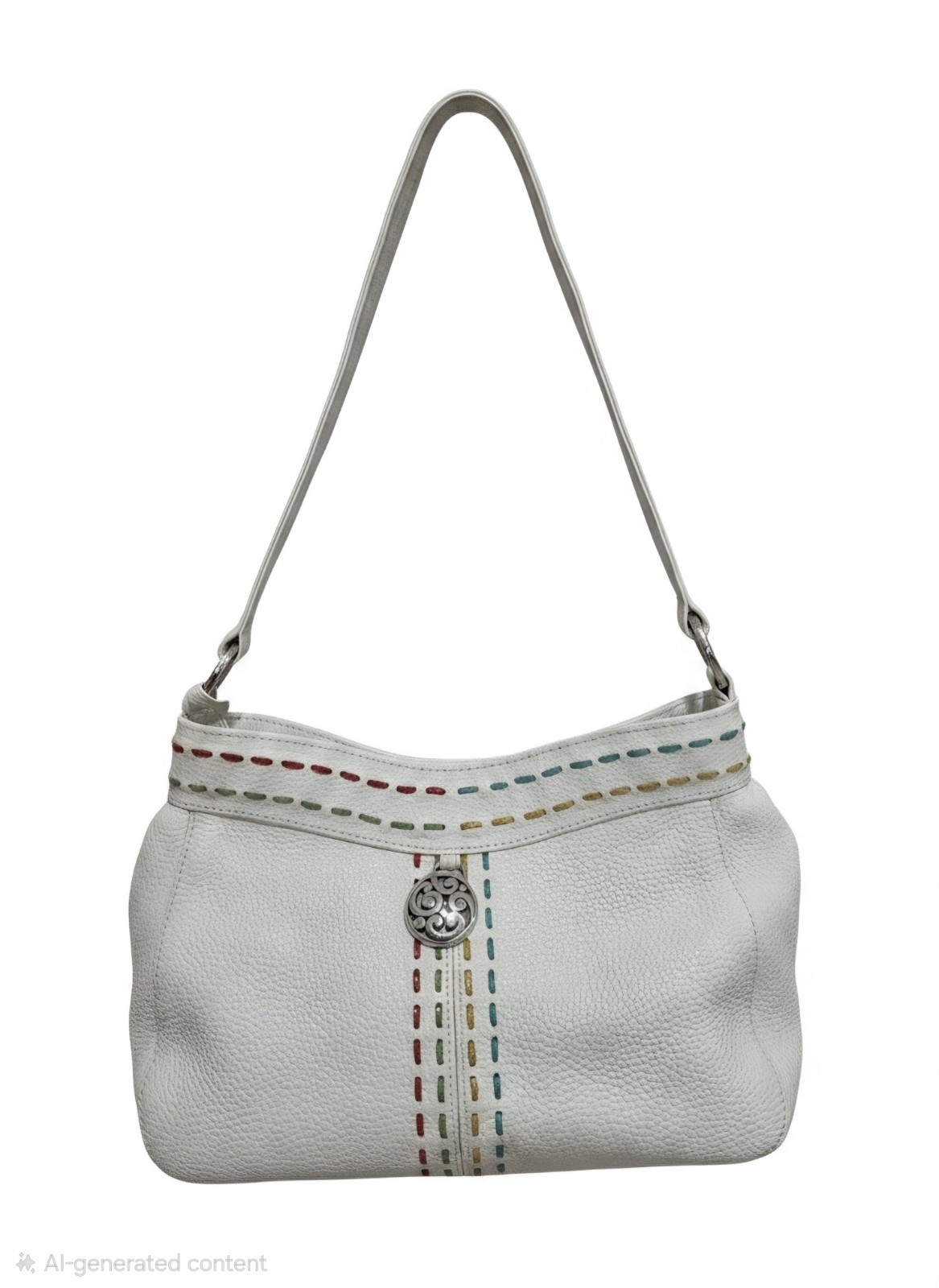 Brighton White Leather W/Multi Color Stitch Accents & Silver Hardware Purse