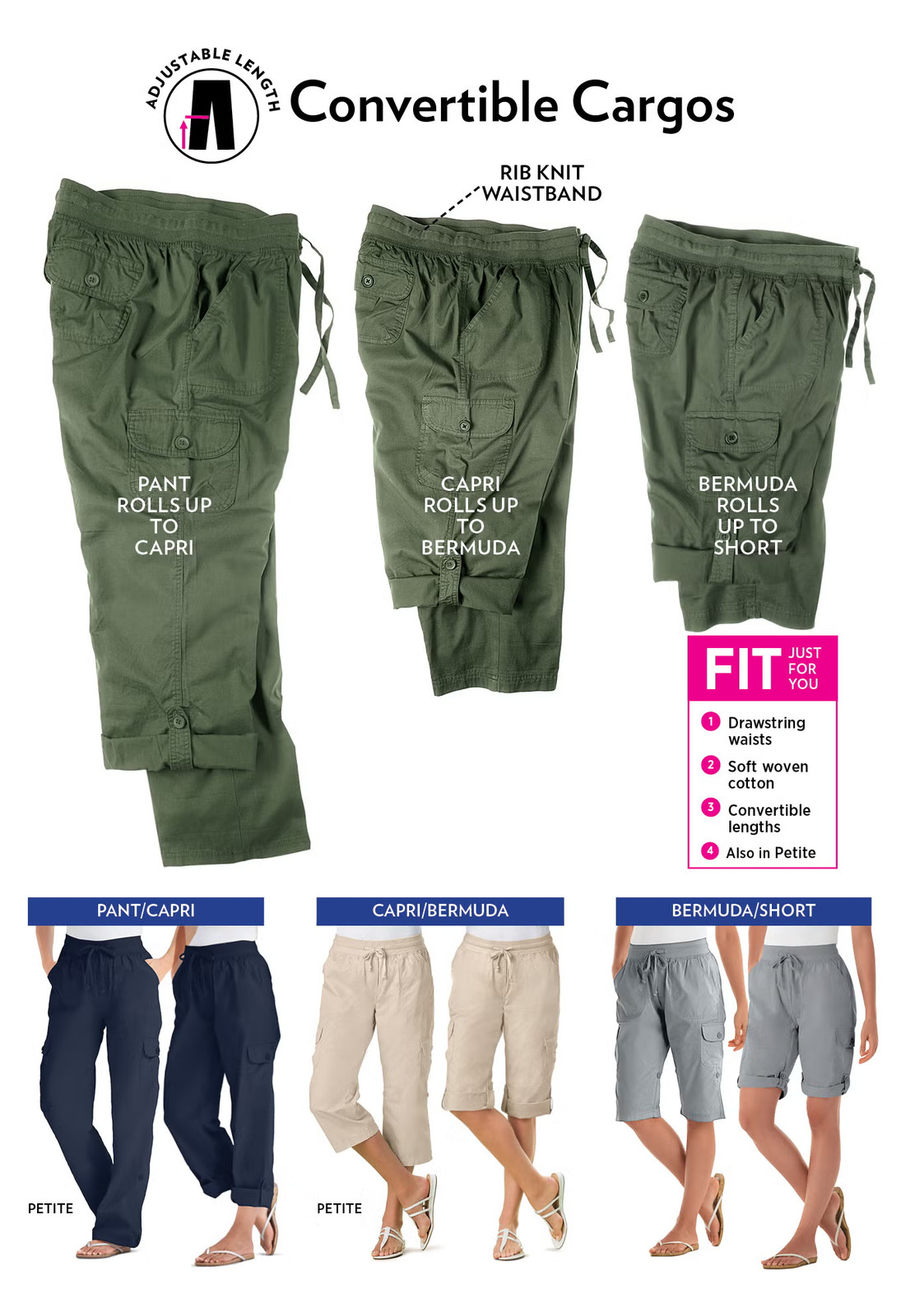 Woman Within Women’s Plus Size Petite Convertible Length Cargo Pant