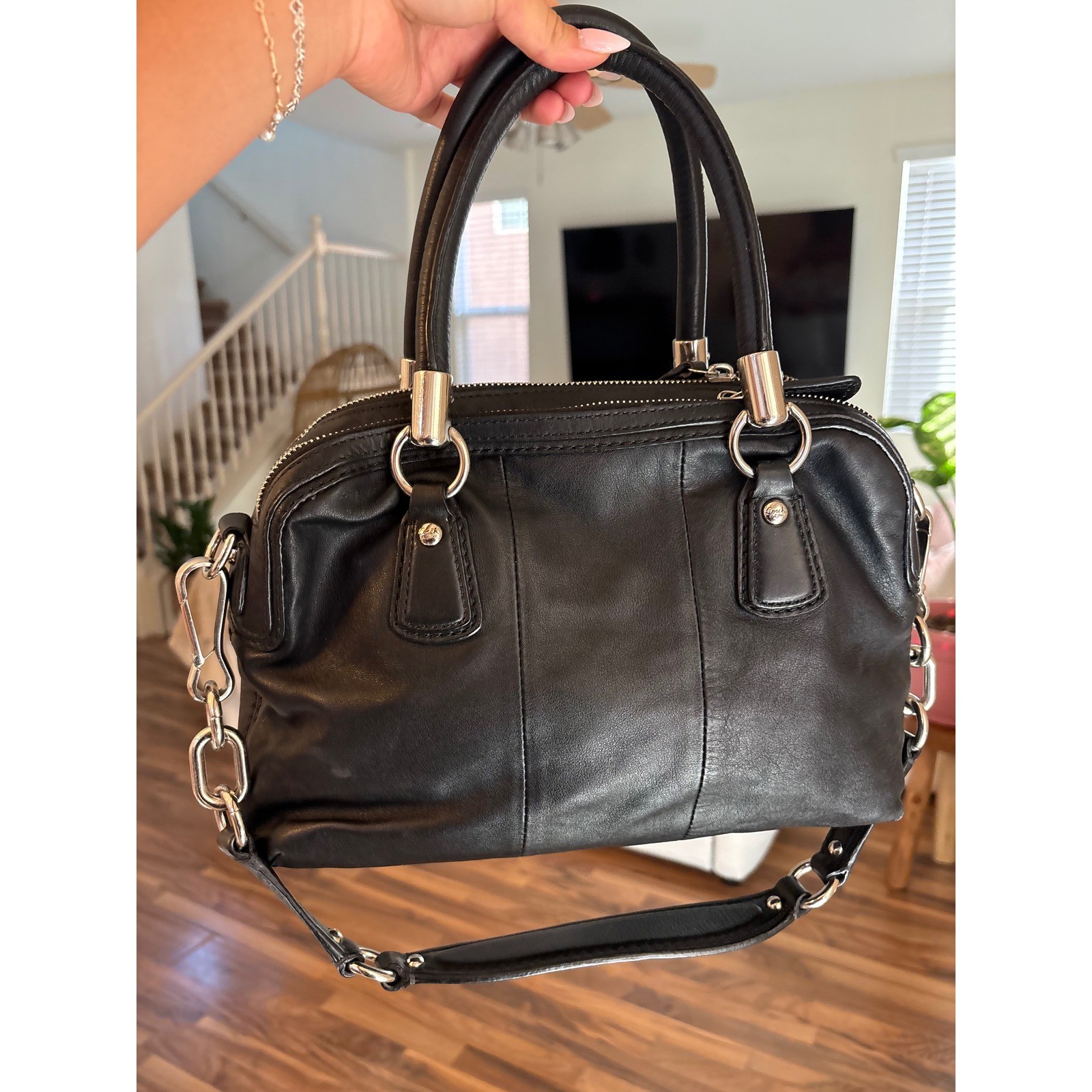 Coach Kristin Black Leather Satchel Handbag Silver Hardware 15003