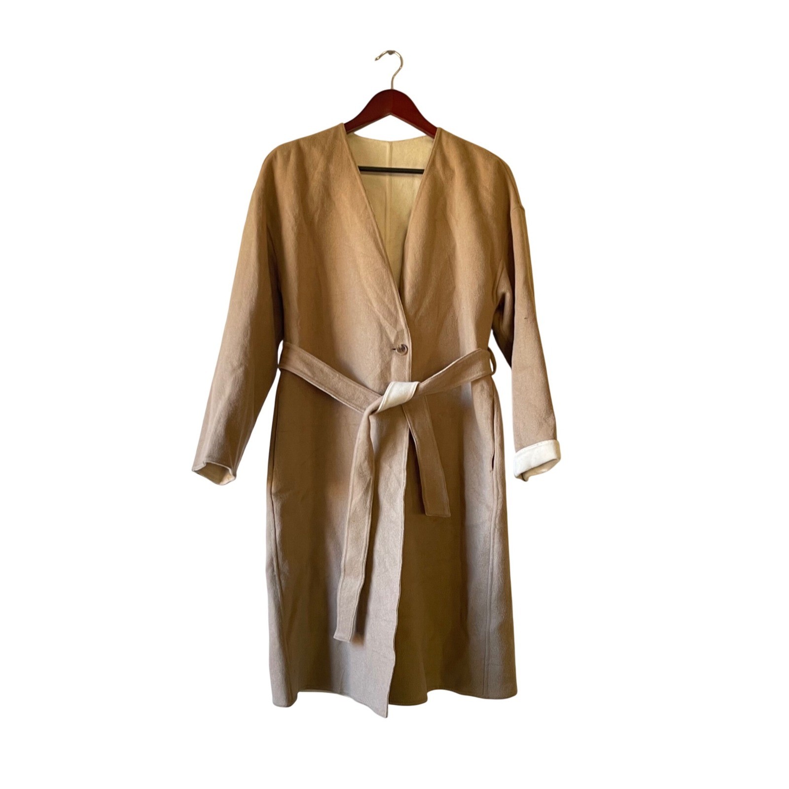 Uniqlo Women Beige Wool blend Belted Collarless Coat Size 6