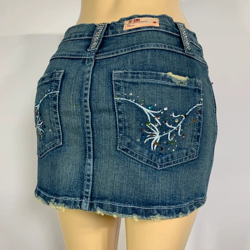 Y2K Joy Jeans Rhinestone Jean Denim Mini Skirt Low Rise Size 11 Fits M Best