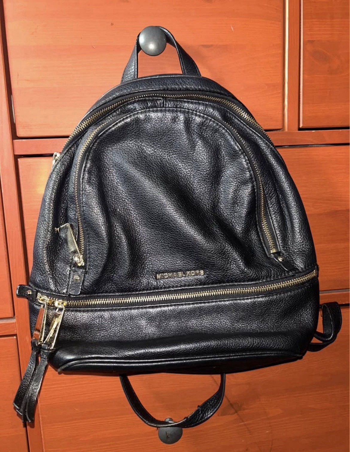 Michael Kors Black Pebbled Zip Backpack Gold Hardware Logo Detachable Strap