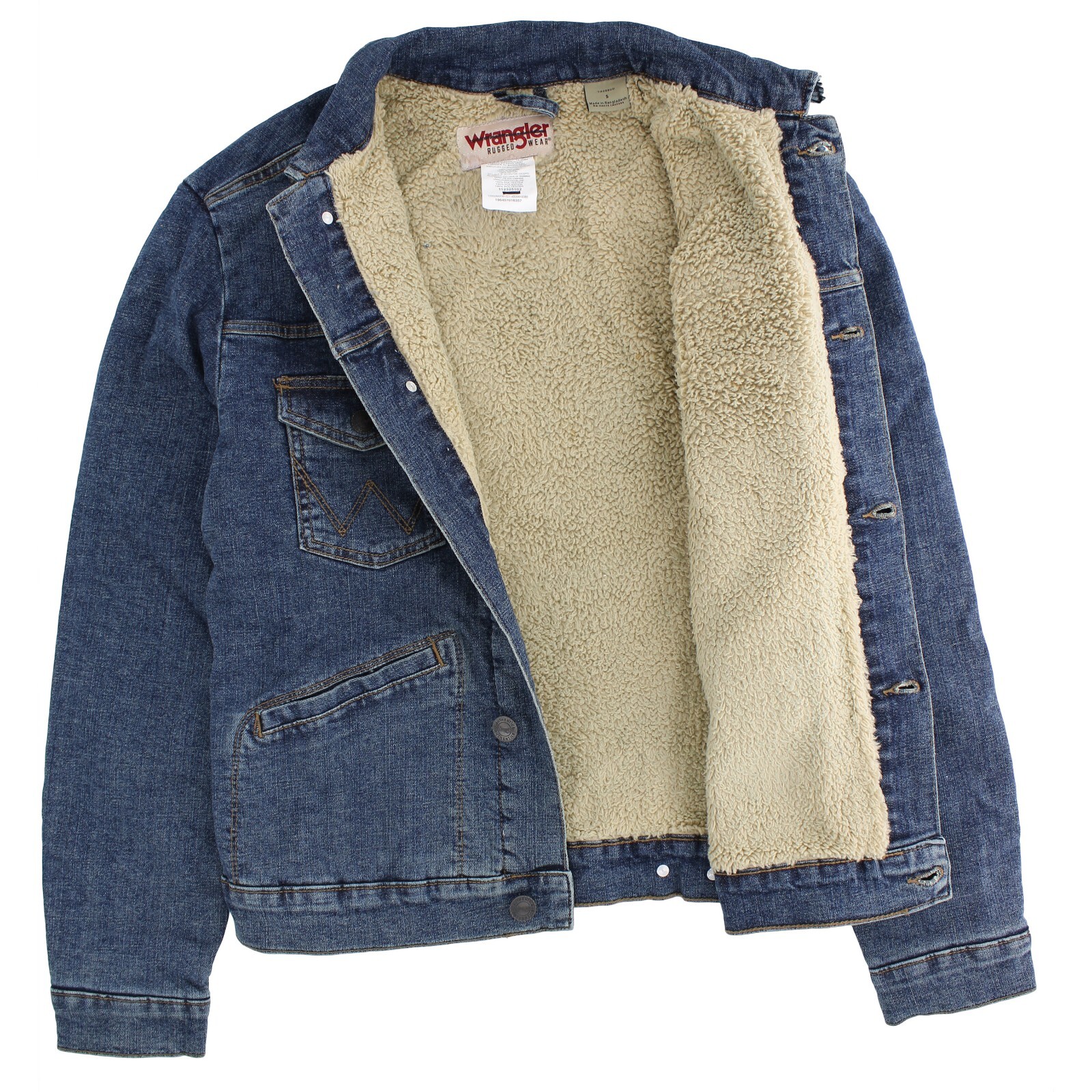 Wrangler Rugged Wear Men’s Jacket Denim Button Front, Sherpa Interior, Snap Cuff