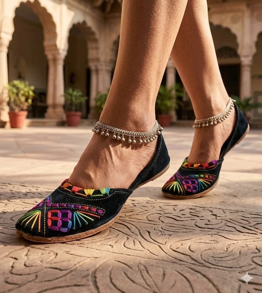 Women Shoes Indian Handmade Jutties Wedding Punjabi Black Mojaries Flats US 6-12